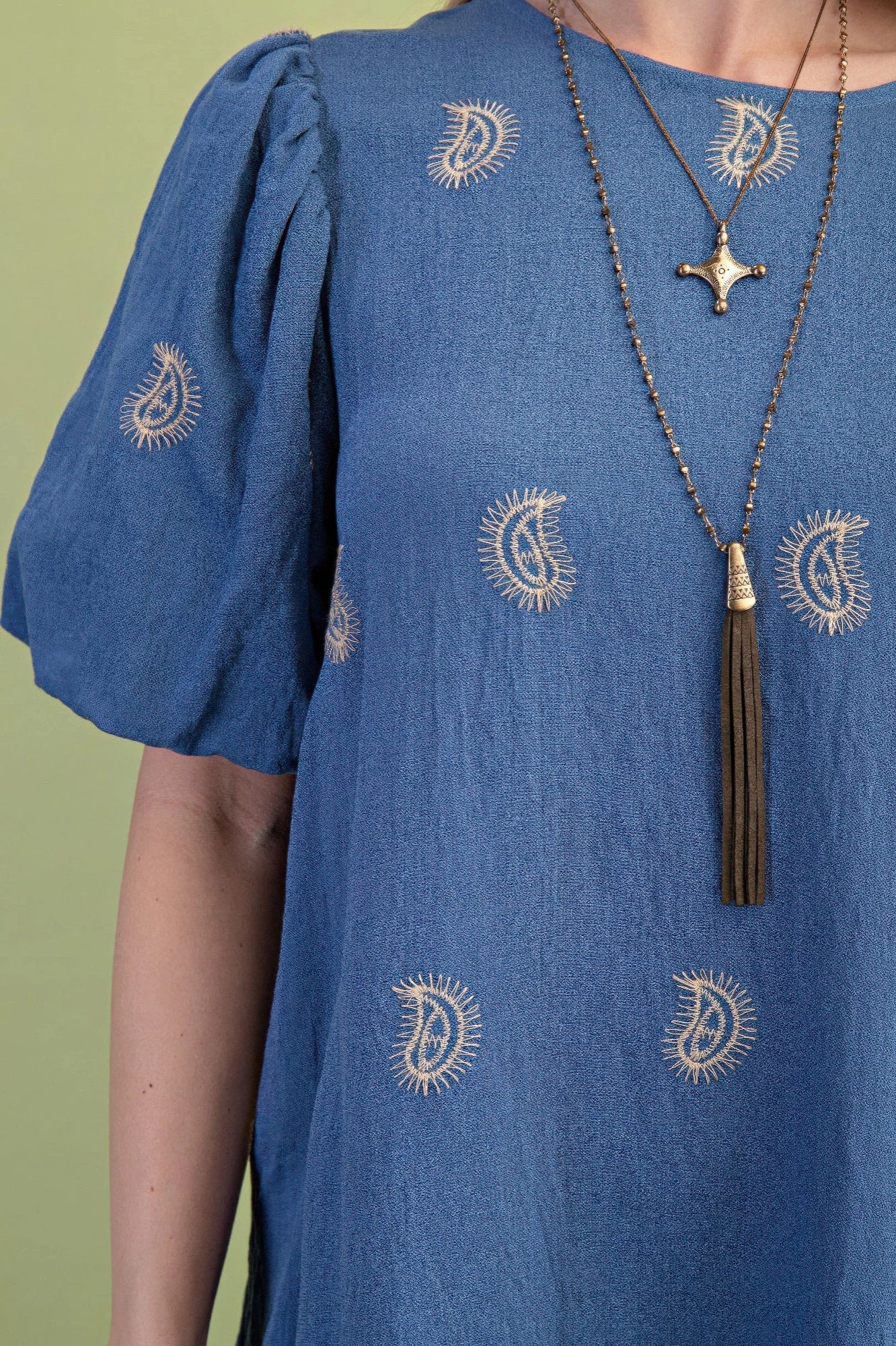 Paisley Embroidered Round Neck Mini Dress With Short Puff Sleeves product image