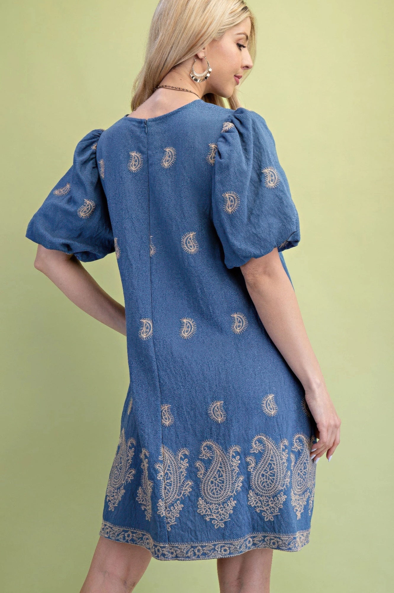 Paisley Embroidered Round Neck Mini Dress With Short Puff Sleeves product image
