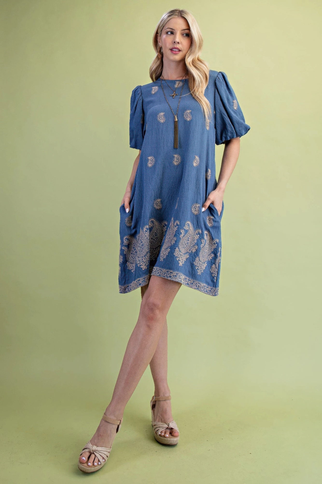 Paisley Embroidered Round Neck Mini Dress With Short Puff Sleeves product image