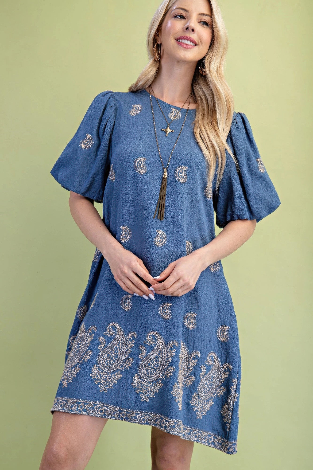Paisley Embroidered Round Neck Mini Dress With Short Puff Sleeves product image
