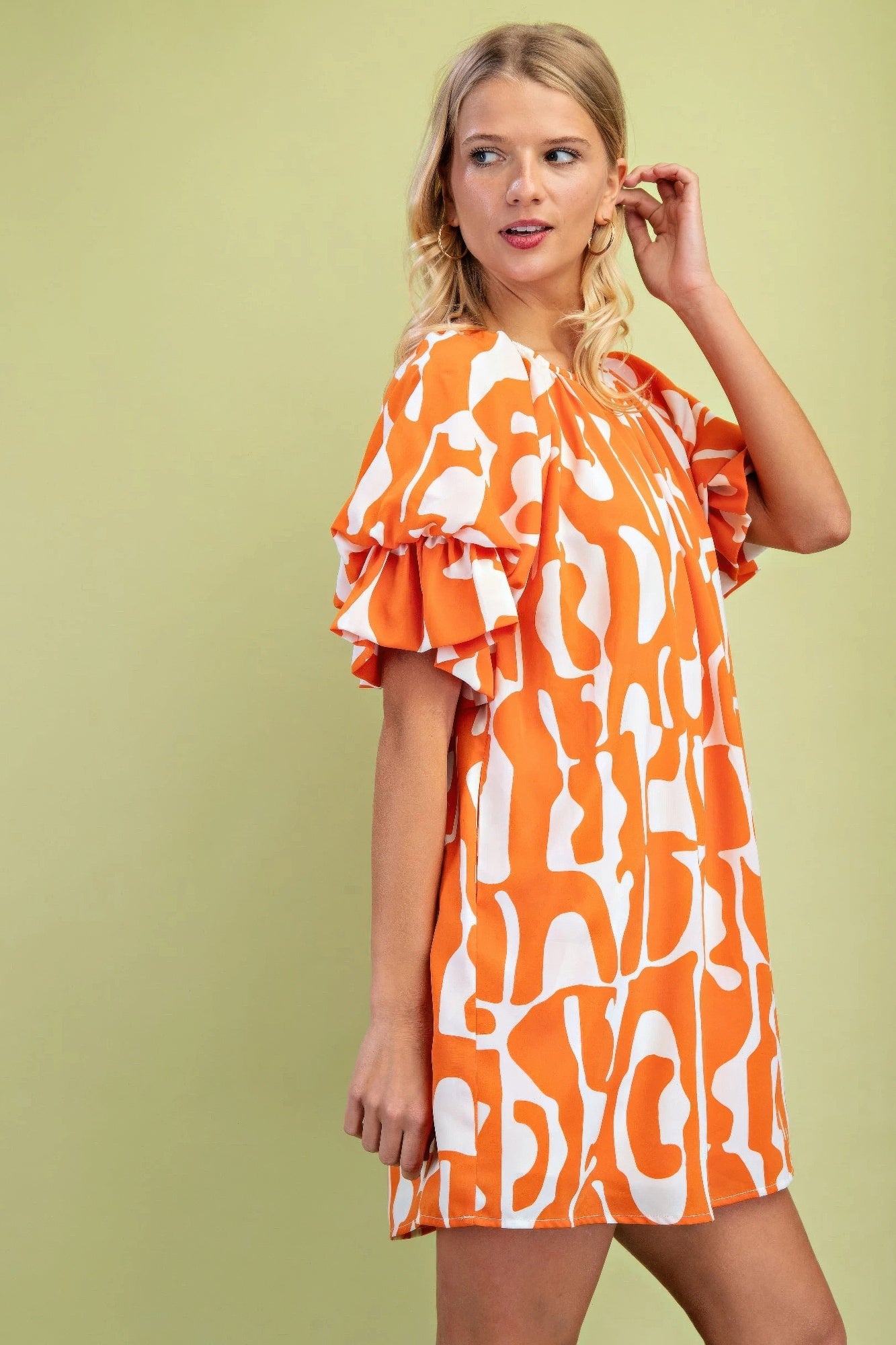 Geometric Print Loose Fit Mini Dress With Gathered Balloon Sleeves product image