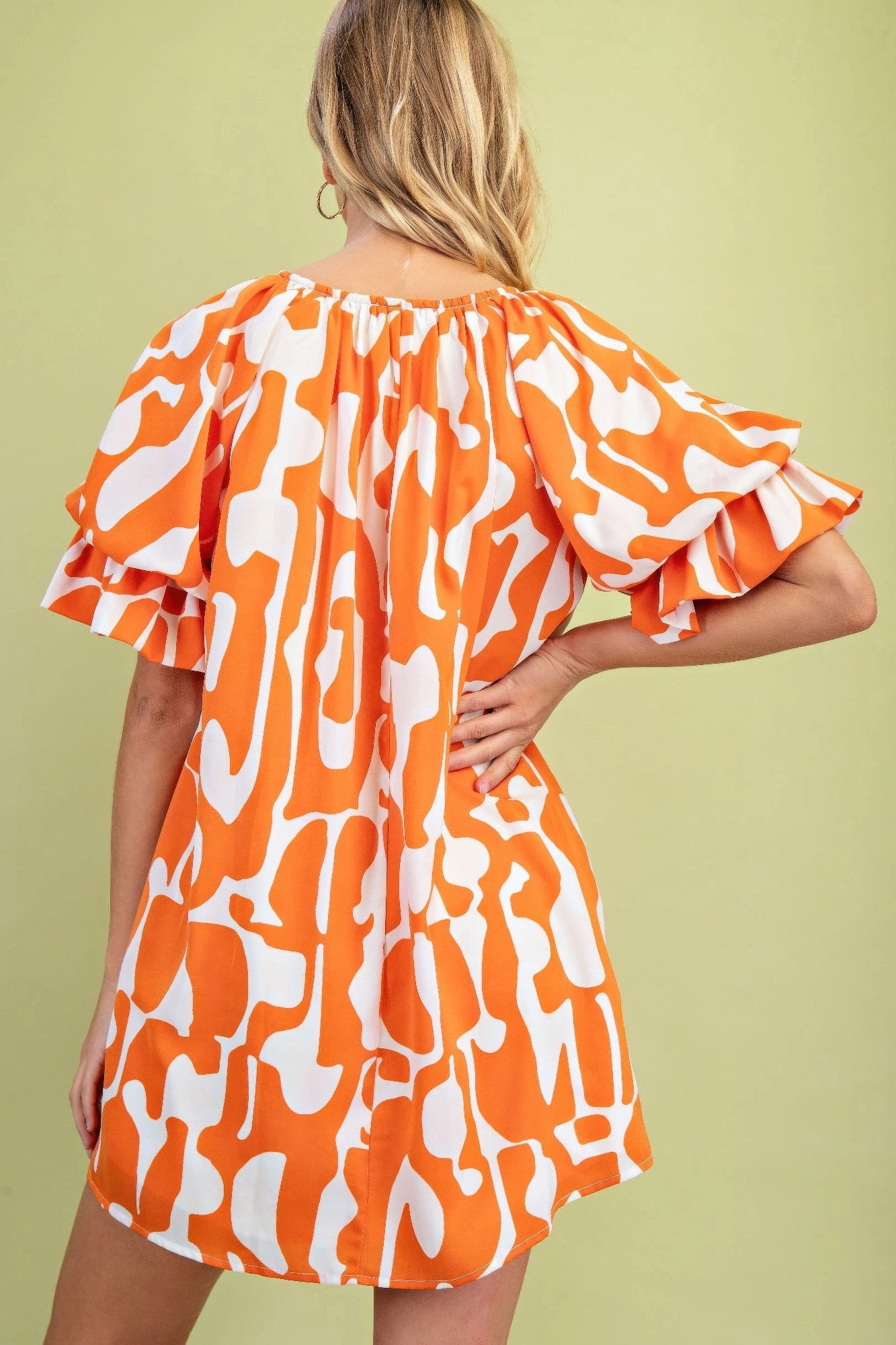 Geometric Print Loose Fit Mini Dress With Gathered Balloon Sleeves product image