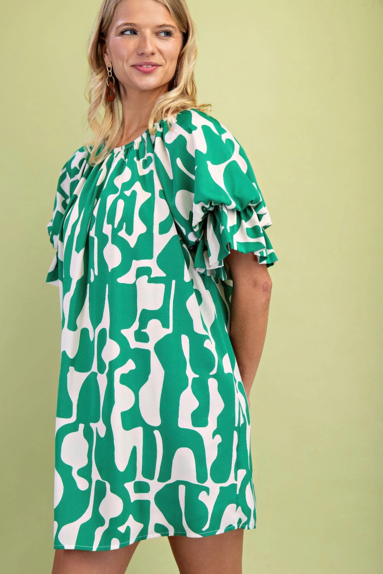 Geometric Print Loose Fit Mini Dress With Gathered Balloon Sleeves product image