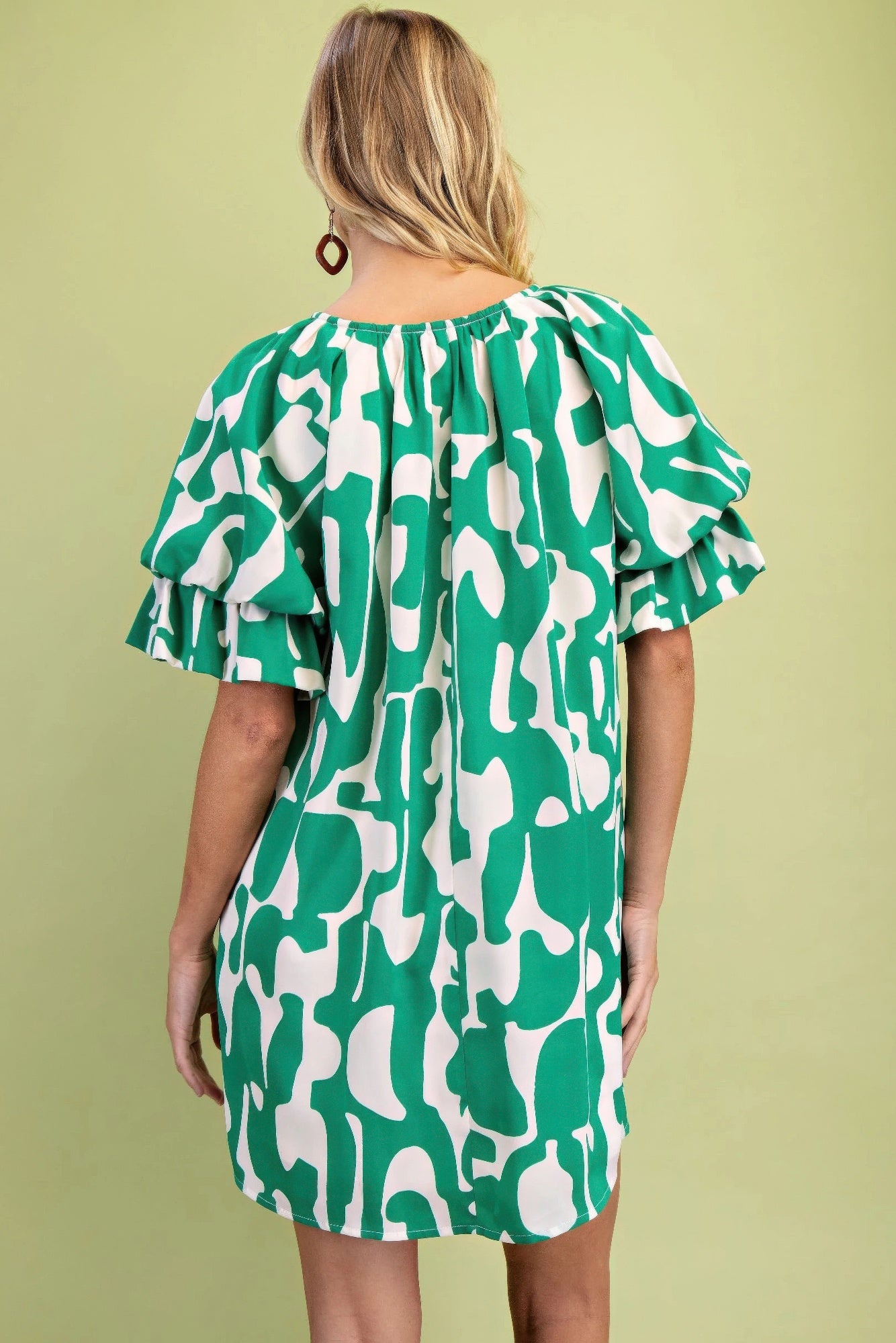 Geometric Print Loose Fit Mini Dress With Gathered Balloon Sleeves product image