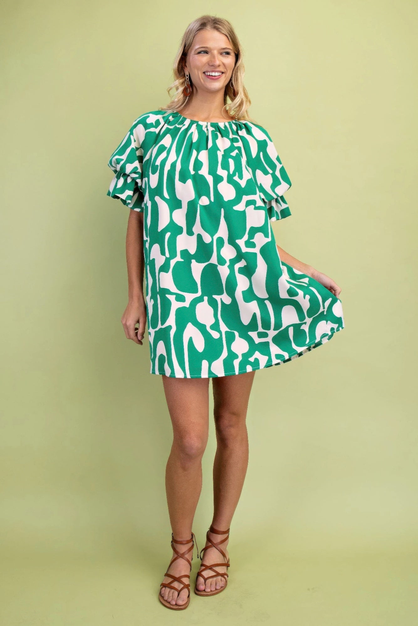 Geometric Print Loose Fit Mini Dress With Gathered Balloon Sleeves product image
