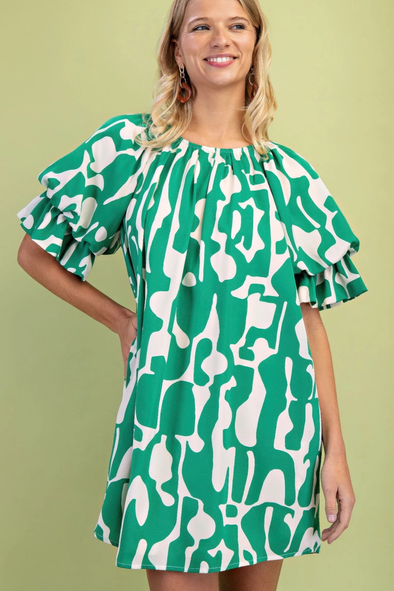 Geometric Print Loose Fit Mini Dress With Gathered Balloon Sleeves product image