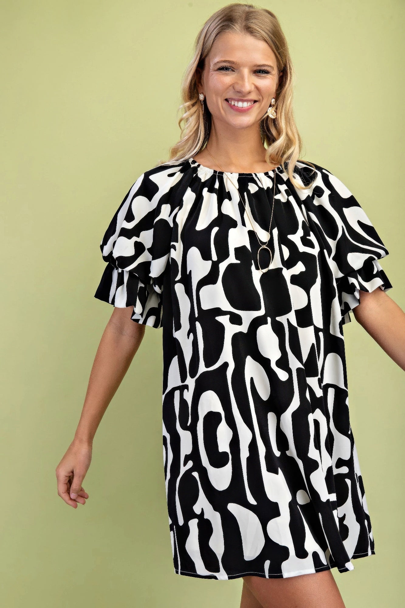 Geometric Print Loose Fit Mini Dress With Gathered Balloon Sleeves product image