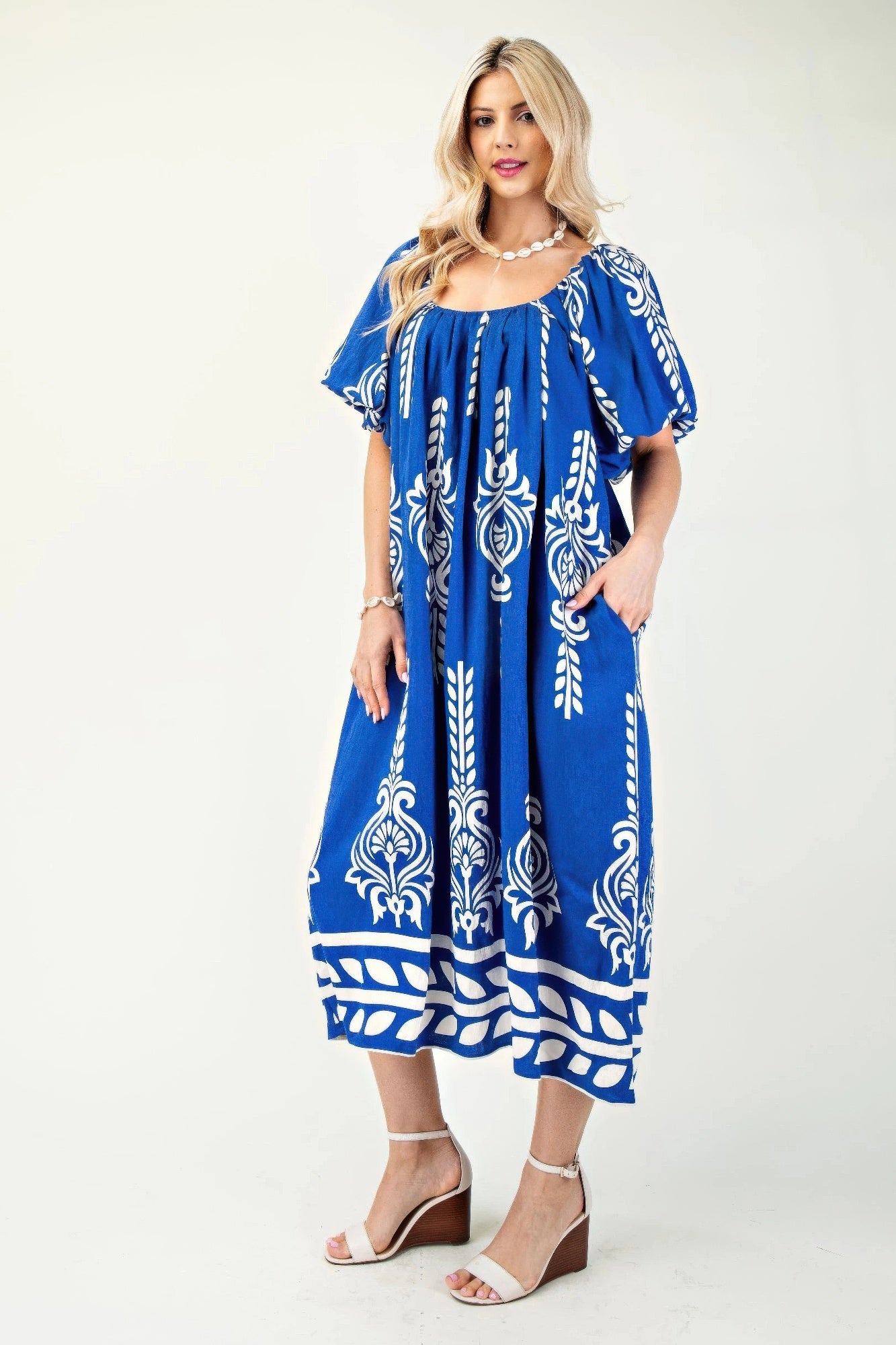 Printed Midi Dress With Short Puff Sleeves product image