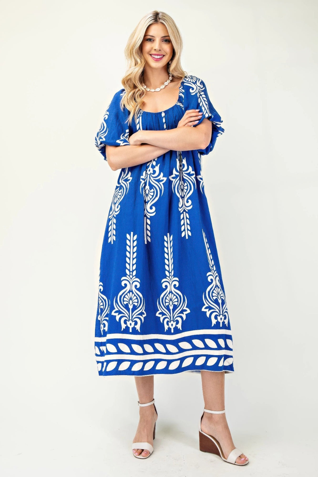Printed Midi Dress With Short Puff Sleeves product image