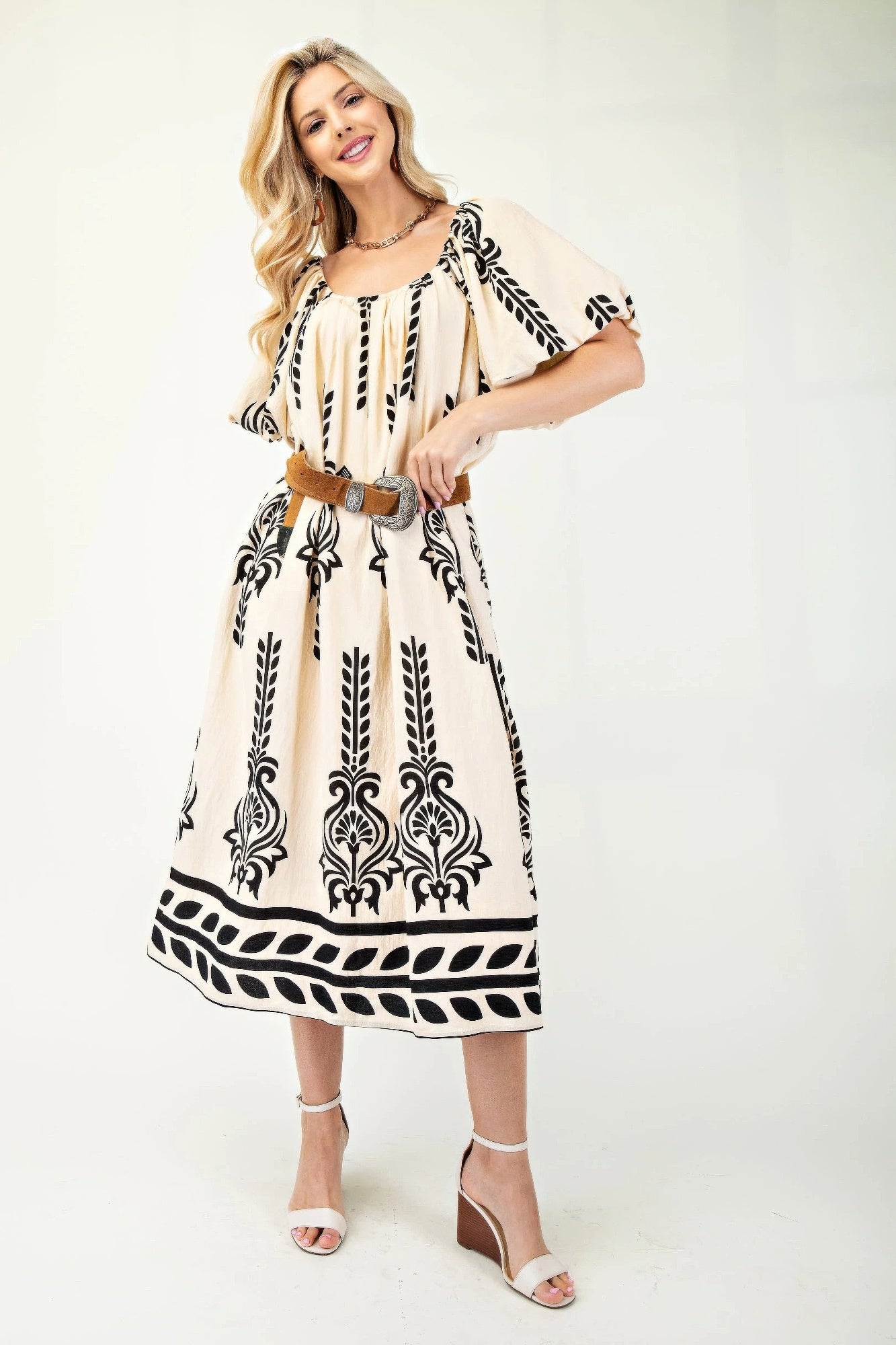 Printed Midi Dress With Short Puff Sleeves product image