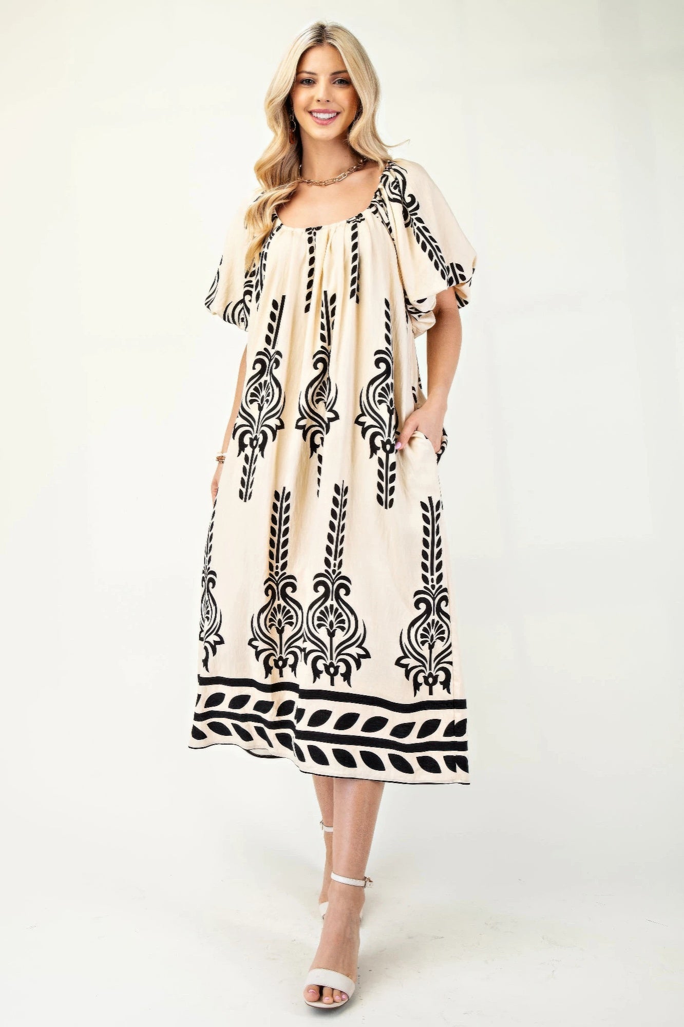 Printed Midi Dress With Short Puff Sleeves product image