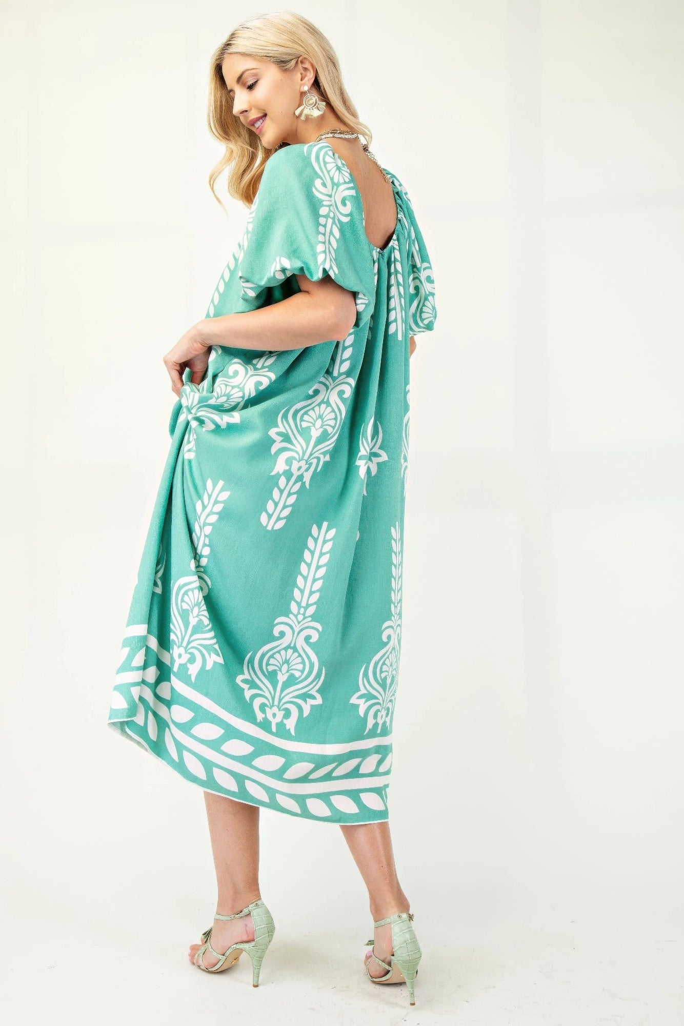 Printed Midi Dress With Short Puff Sleeves product image