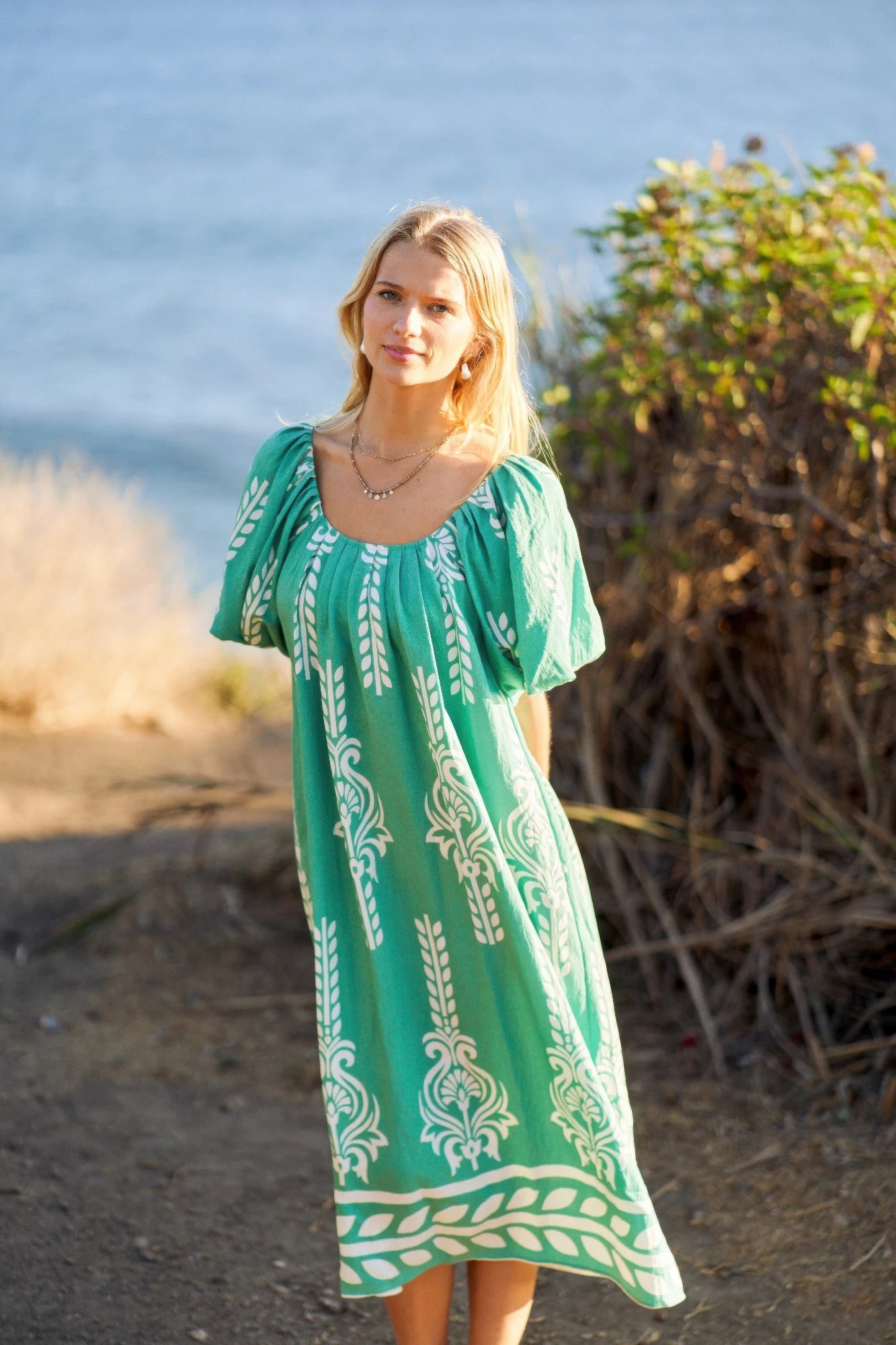 Printed Midi Dress With Short Puff Sleeves product image