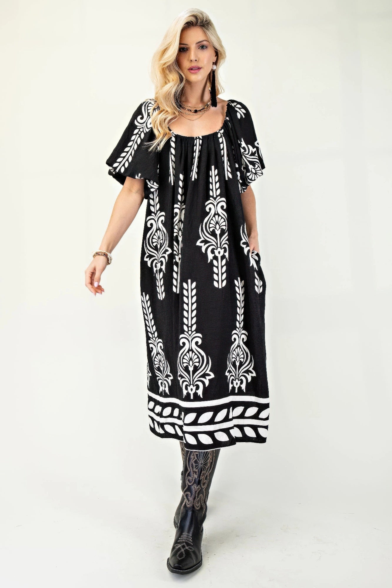 Printed Midi Dress With Short Puff Sleeves product image