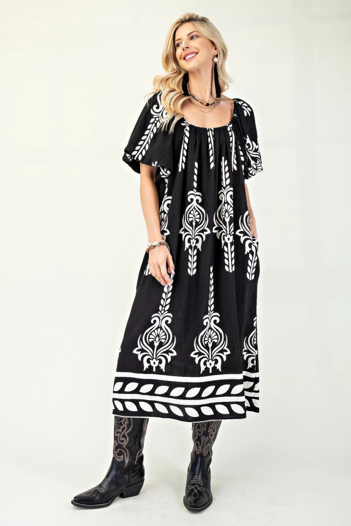 Printed Midi Dress With Short Puff Sleeves product image