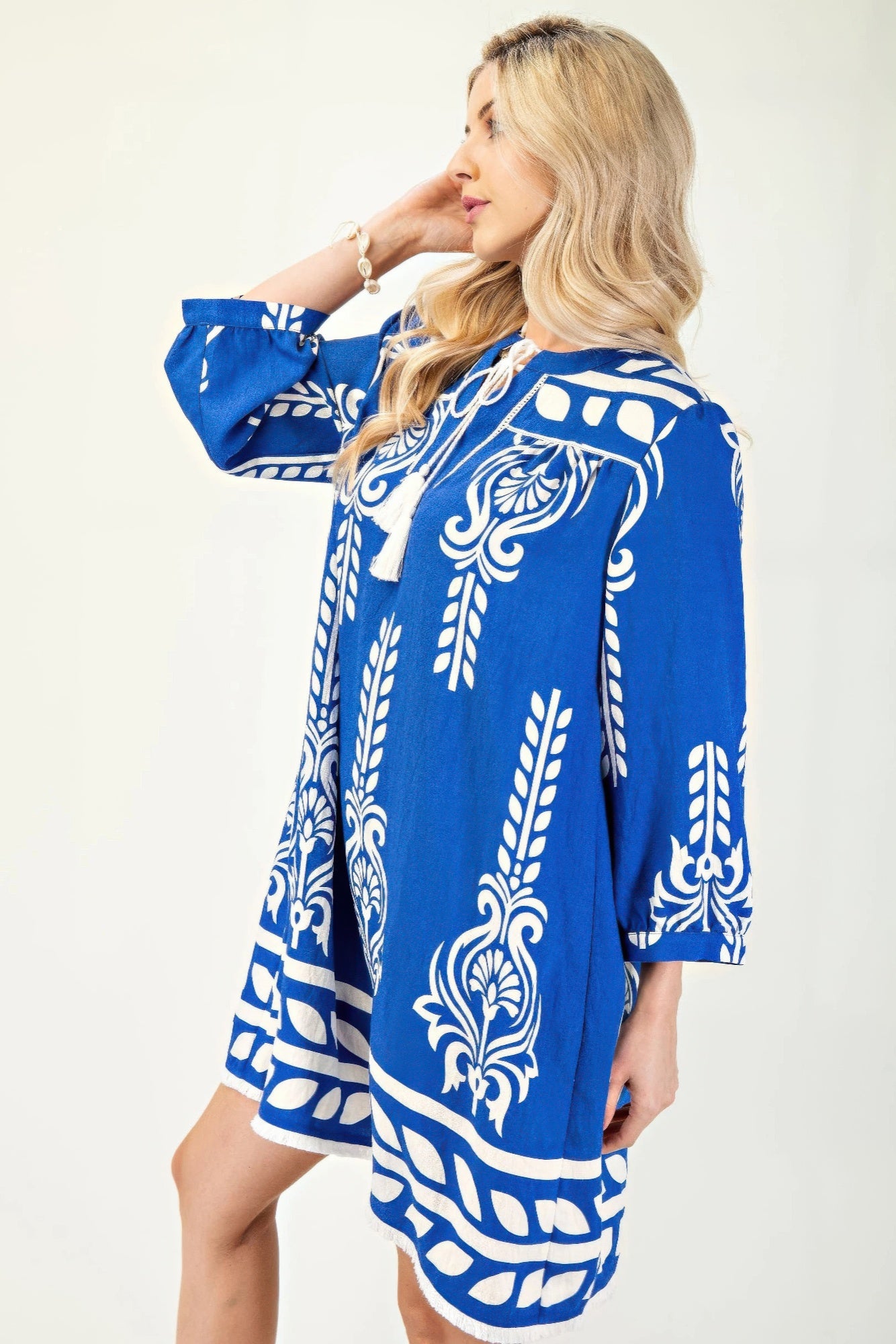 Printed 3/4 Sleeve Dress With Tassel Tie And Fringe Detail On Hem product image