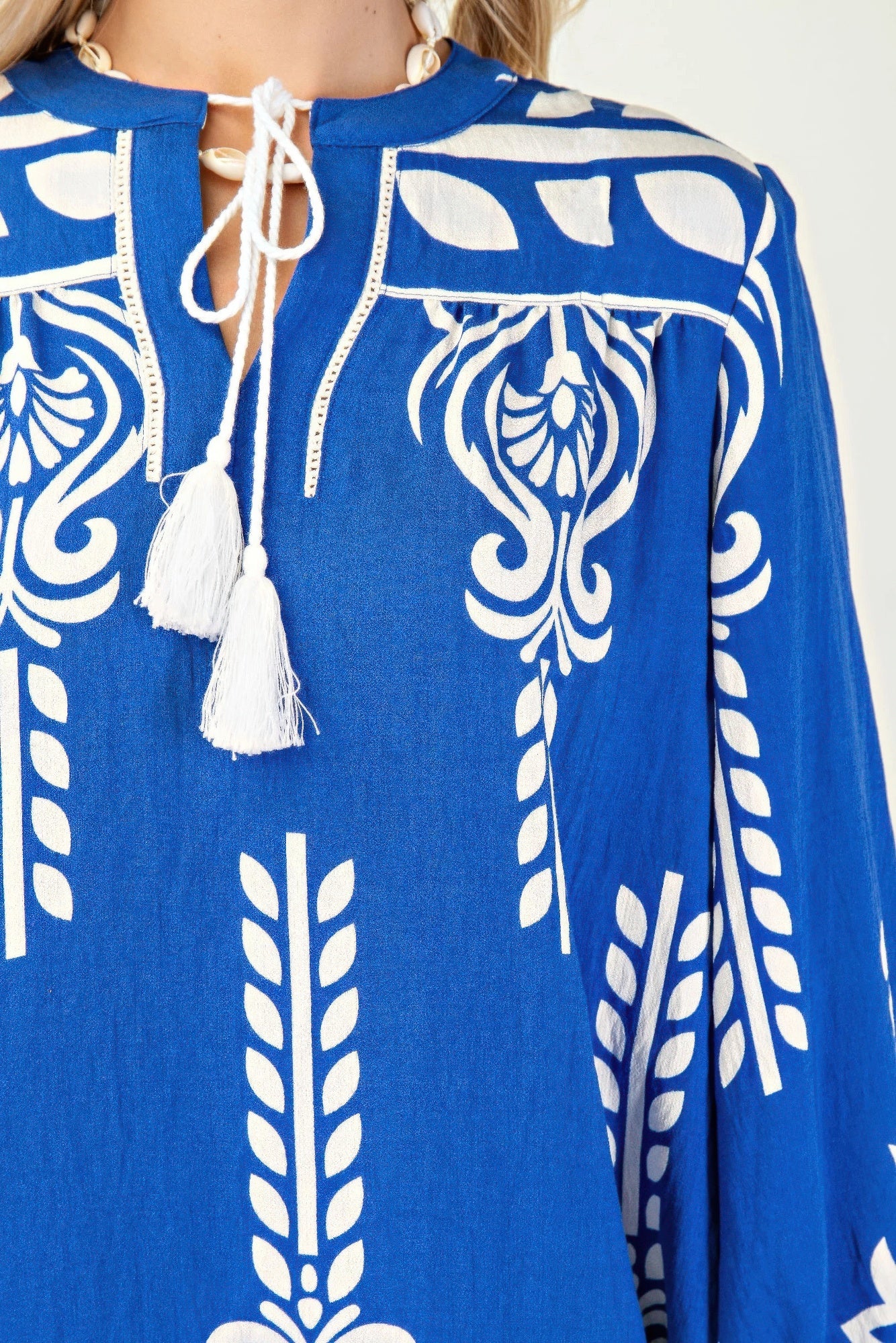 Printed 3/4 Sleeve Dress With Tassel Tie And Fringe Detail On Hem product image
