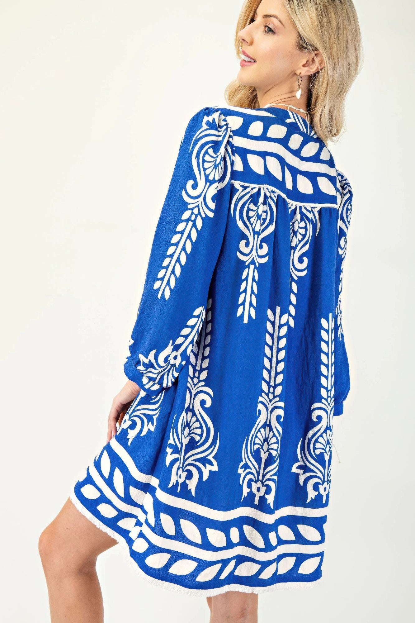 Printed 3/4 Sleeve Dress With Tassel Tie And Fringe Detail On Hem product image