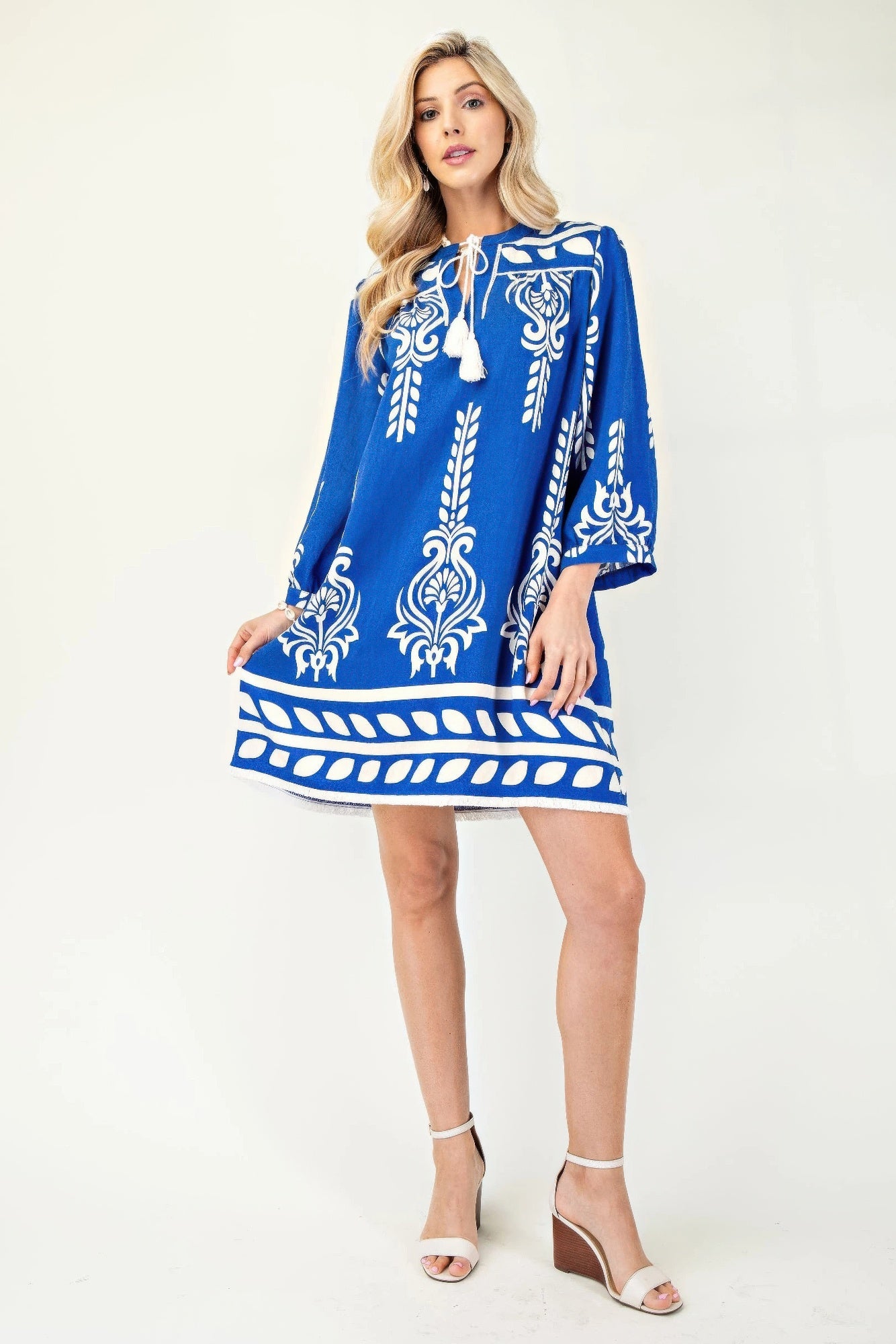 Printed 3/4 Sleeve Dress With Tassel Tie And Fringe Detail On Hem product image