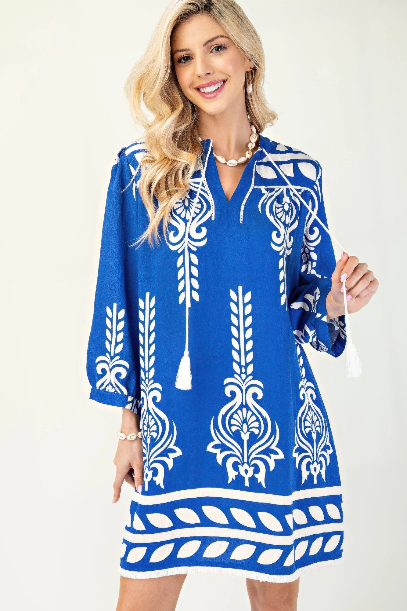 Printed 3/4 Sleeve Dress With Tassel Tie And Fringe Detail On Hem product image