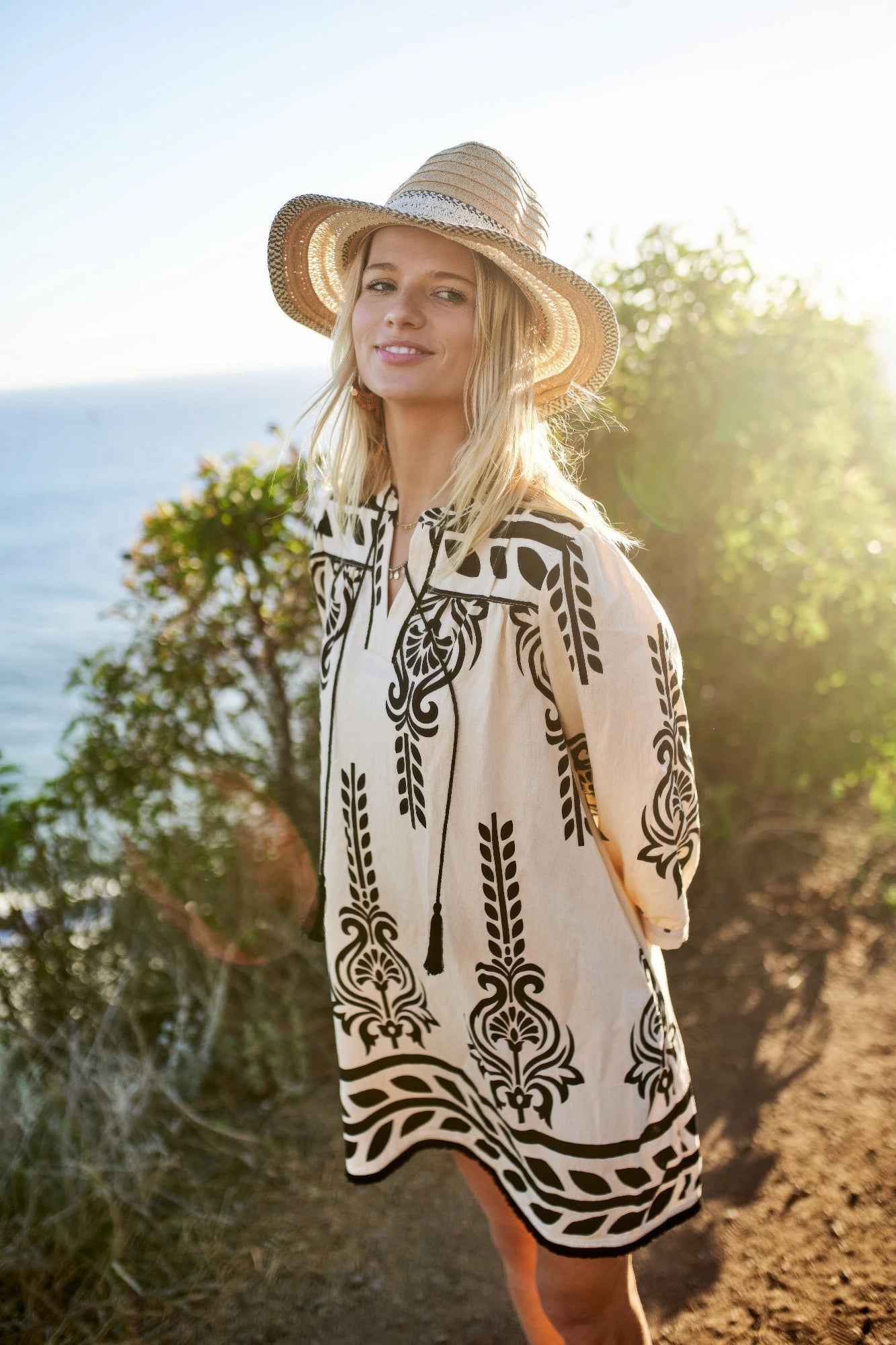 Printed 3/4 Sleeve Dress With Tassel Tie And Fringe Detail On Hem product image