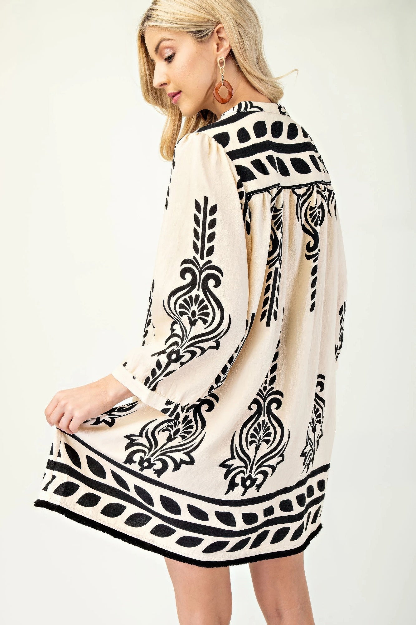 Printed 3/4 Sleeve Dress With Tassel Tie And Fringe Detail On Hem product image