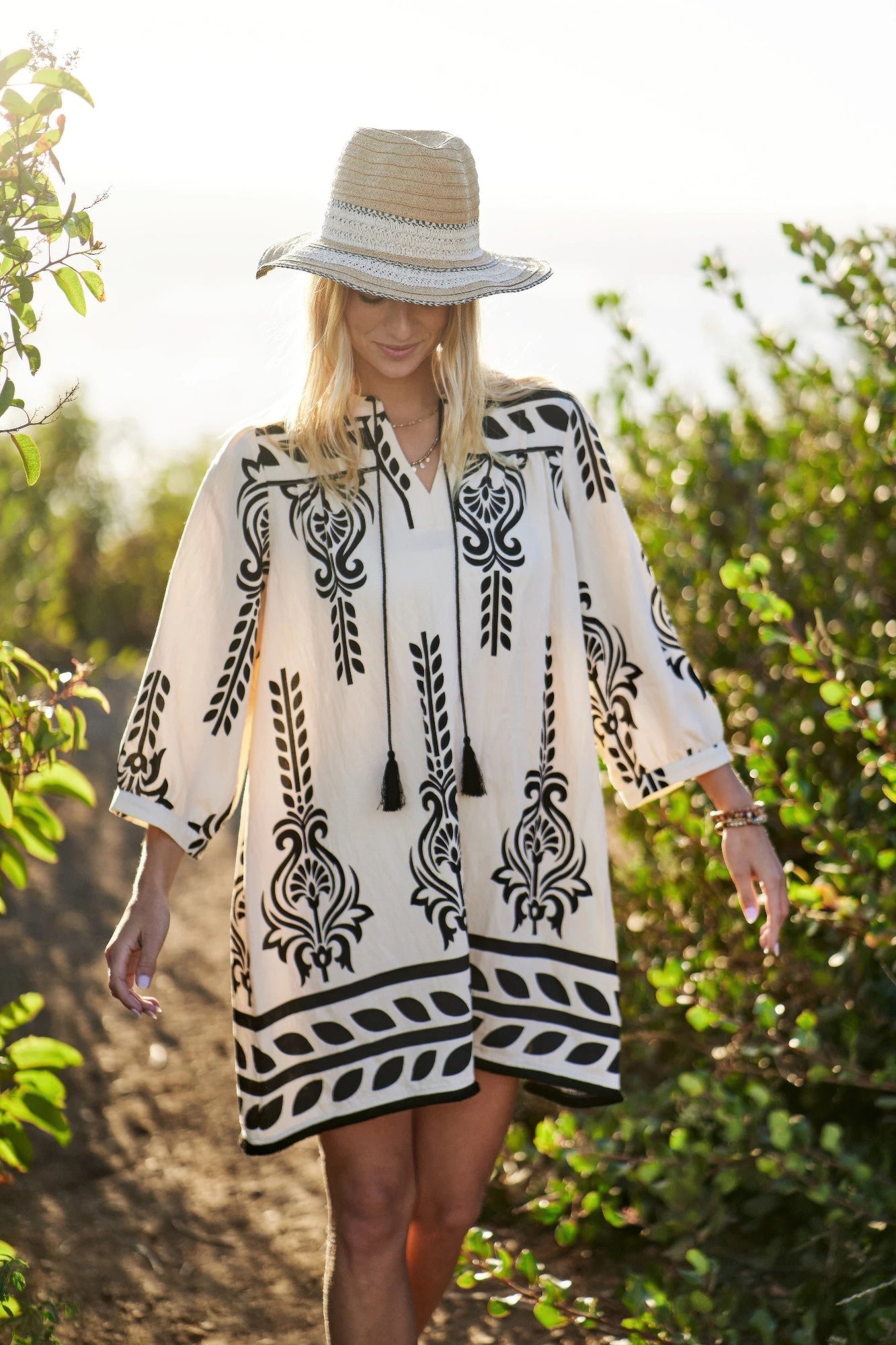 Printed 3/4 Sleeve Dress With Tassel Tie And Fringe Detail On Hem product image