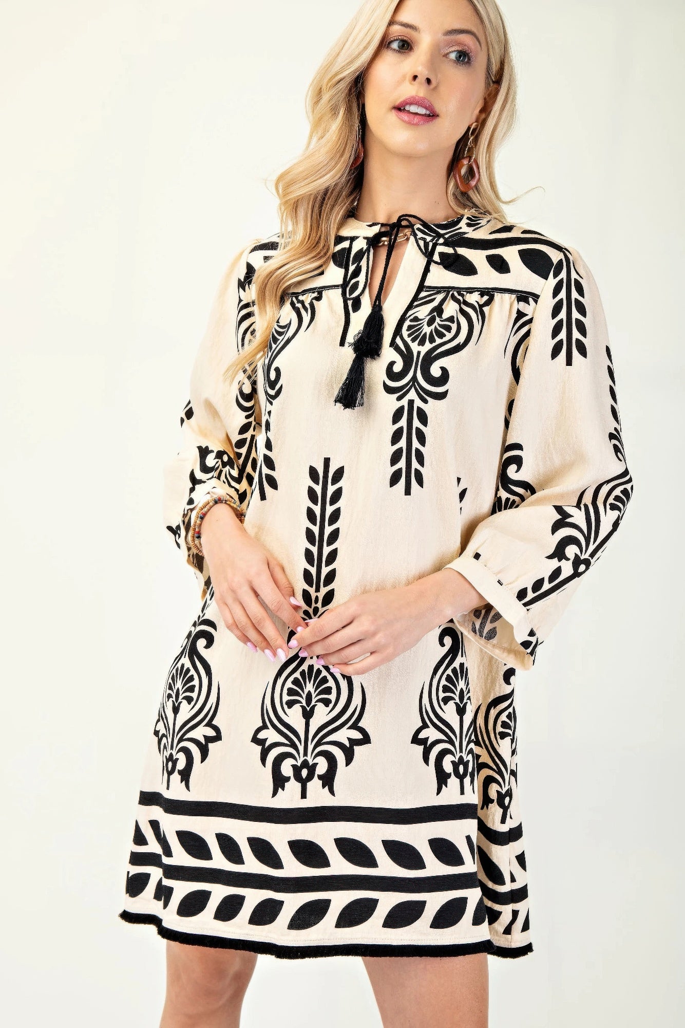 Printed 3/4 Sleeve Dress With Tassel Tie And Fringe Detail On Hem product image