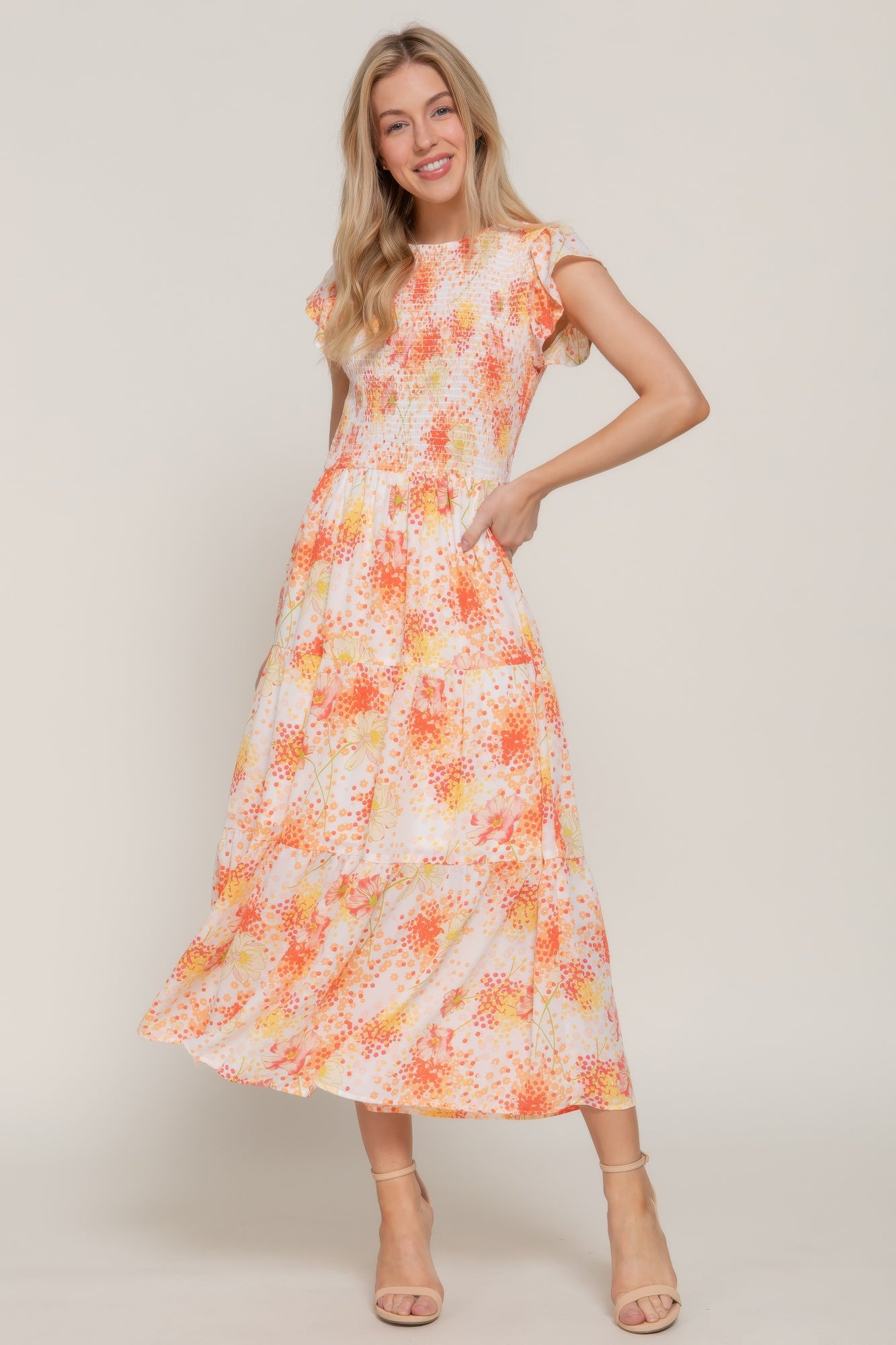 Ruffl Slv Smocked Floral Print Dresss product image