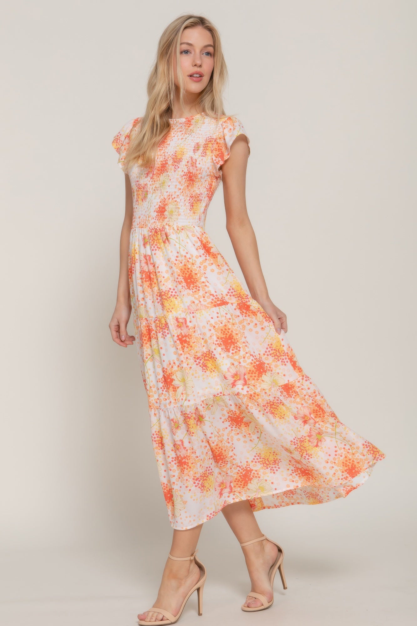 Ruffl Slv Smocked Floral Print Dresss product image