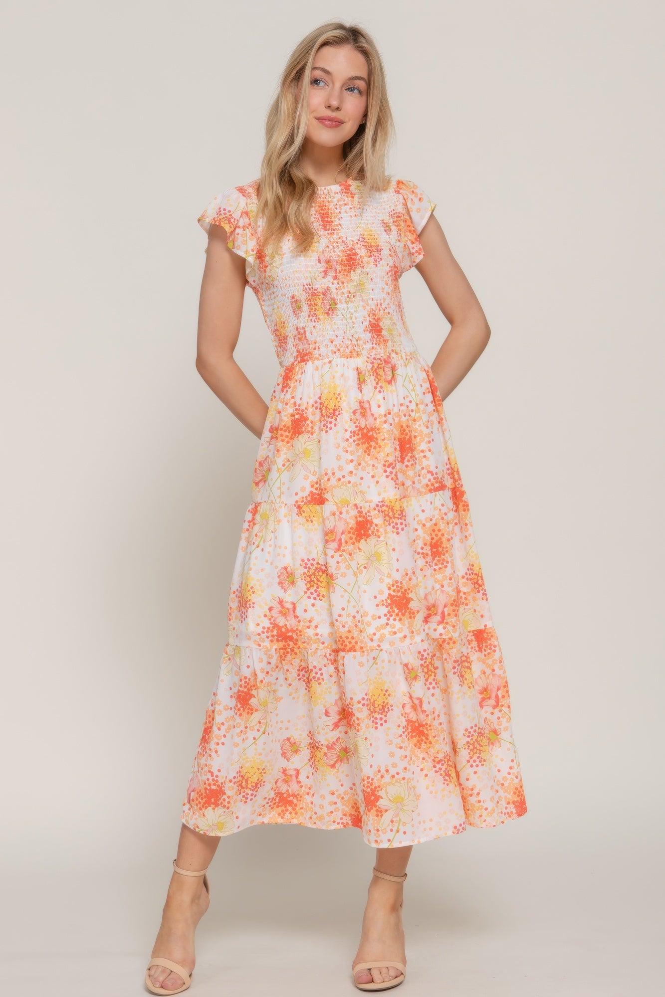 Ruffl Slv Smocked Floral Print Dresss product image