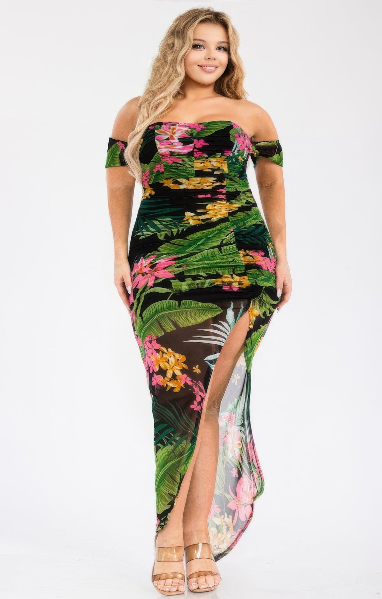 Plus Tropical Off Shoulder Draped Slv Maxi Dress product image