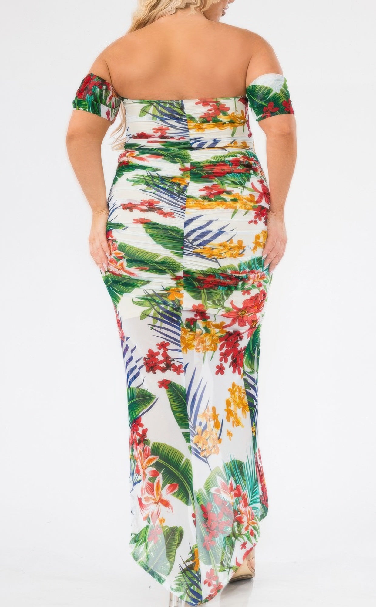 Plus Tropical Off Shoulder Draped Slv Maxi Dress product image