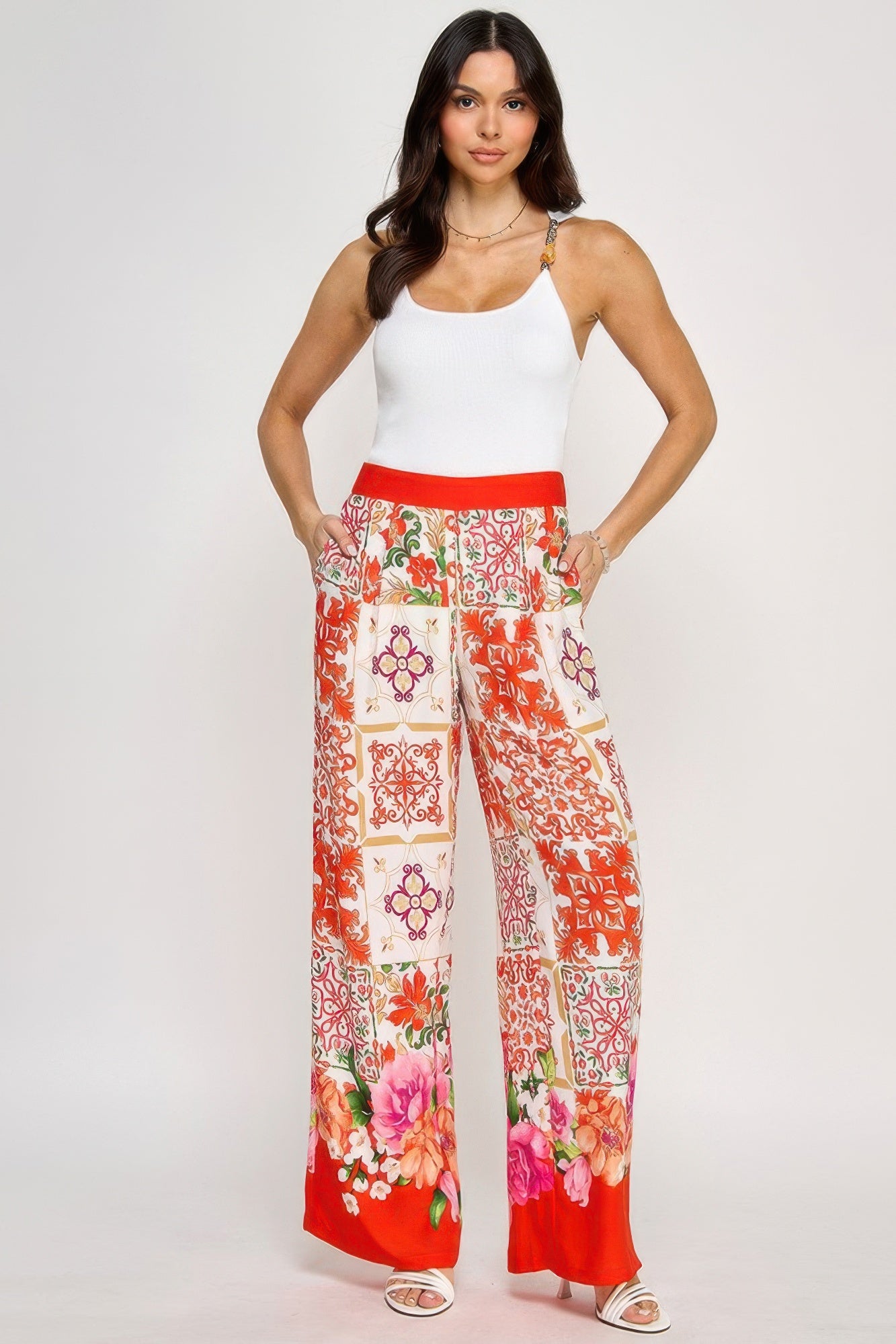 Printed Wide Leg Pants With Elastic Back product image