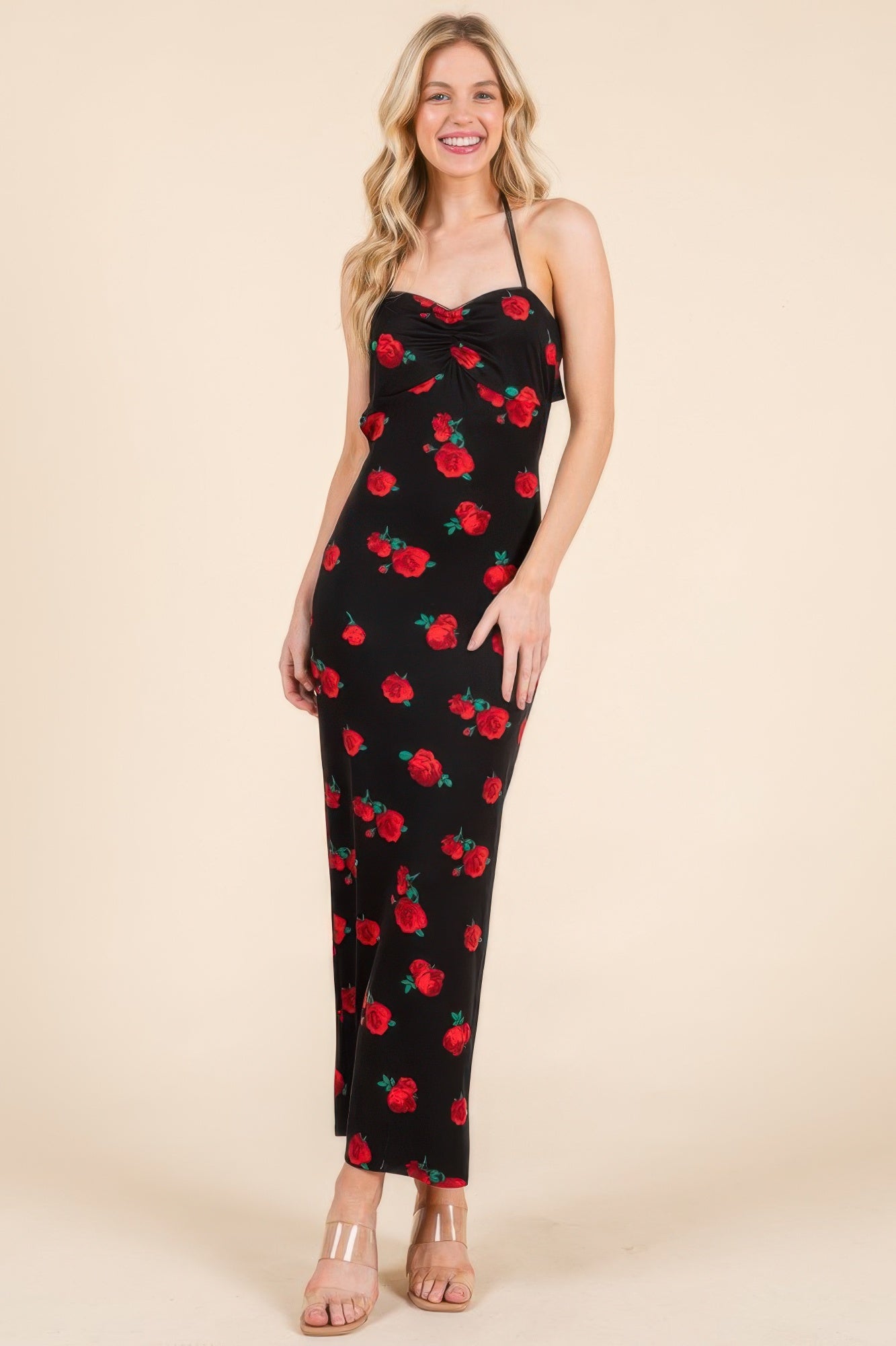 Sweet Heart Gathered Open Back Print Midi Dress product image