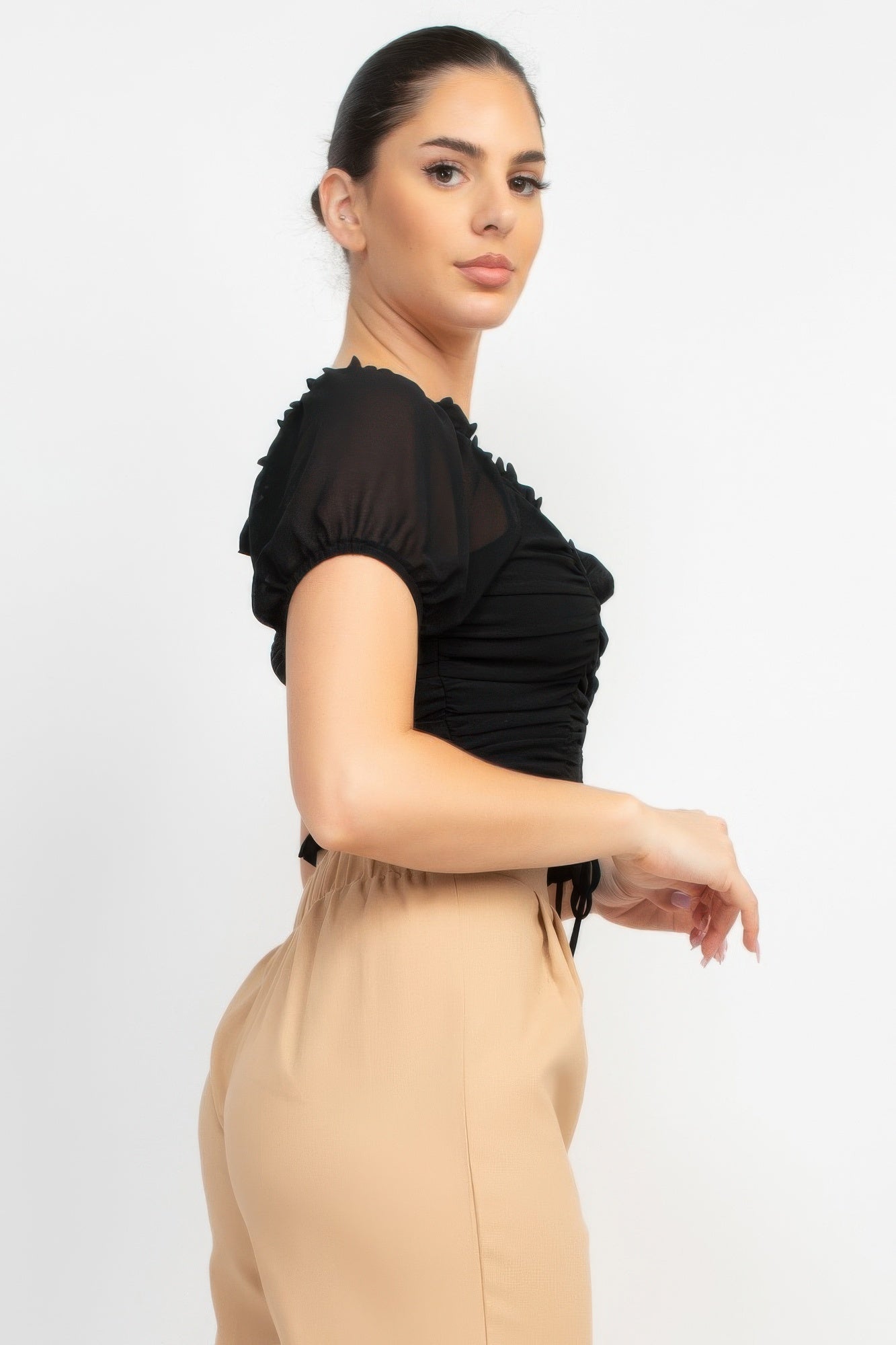 Back Shirred Ruffled Lace-up Crop Top product image
