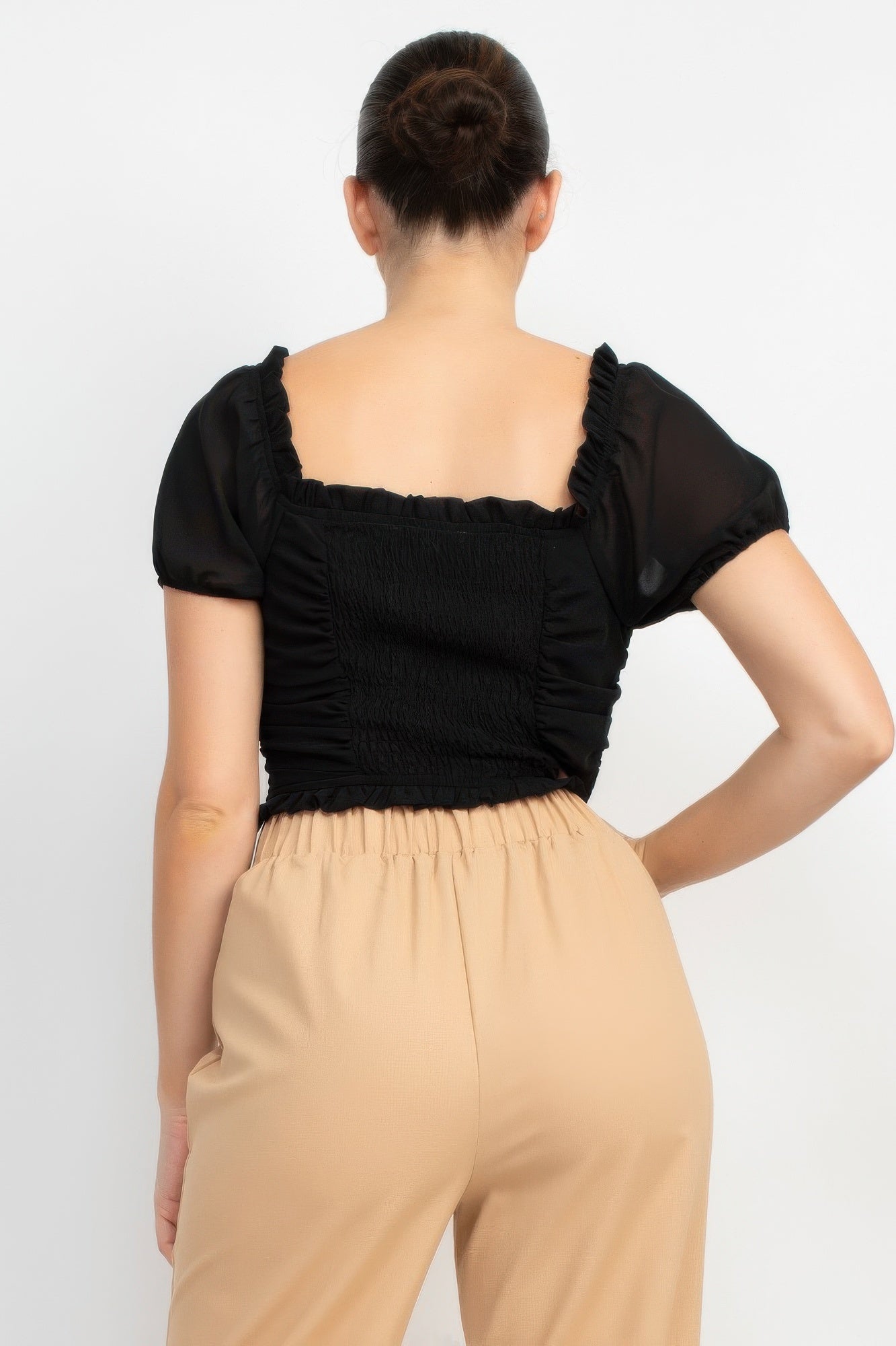 Back Shirred Ruffled Lace-up Crop Top product image