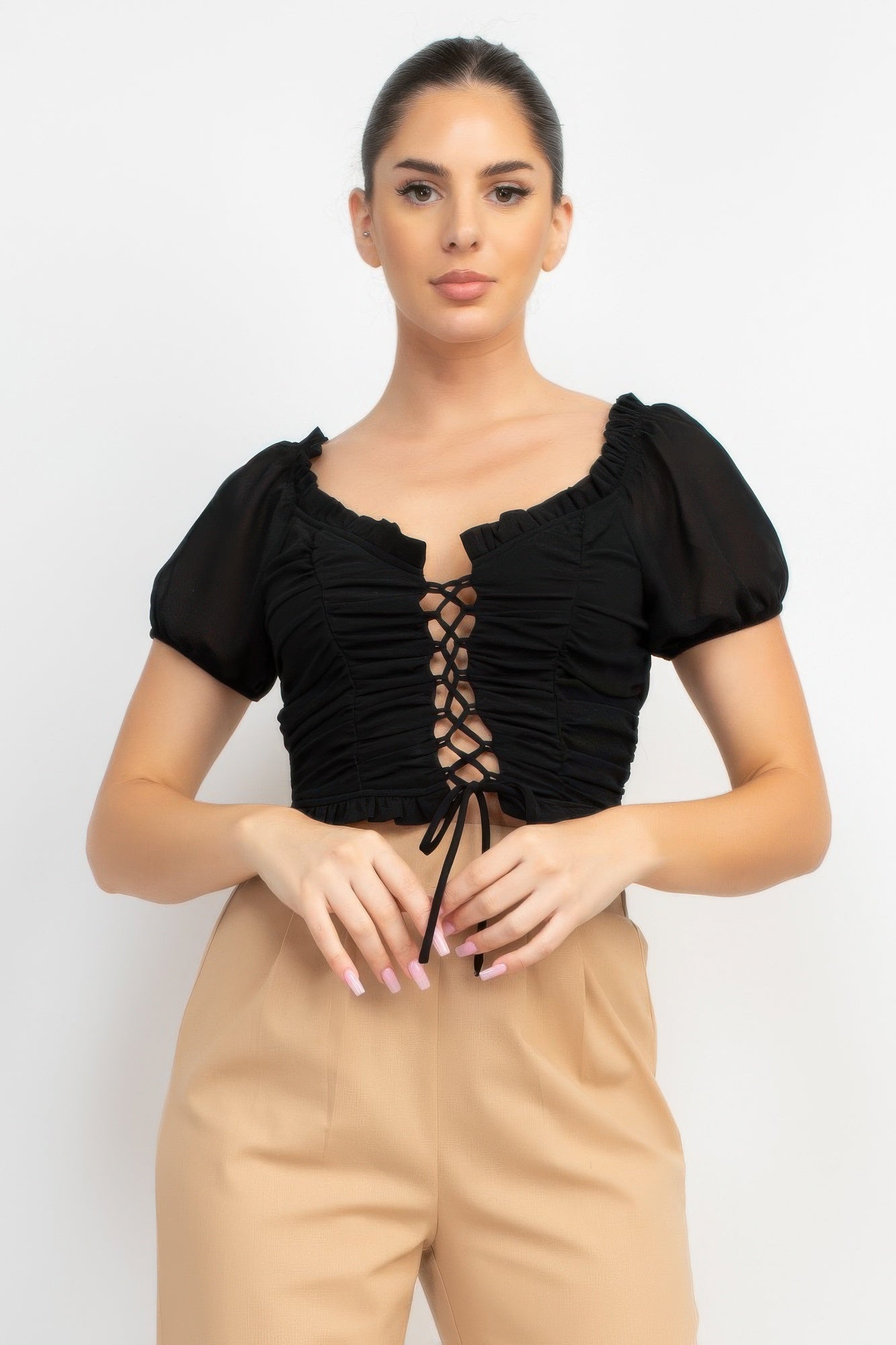 Back Shirred Ruffled Lace-up Crop Top product image