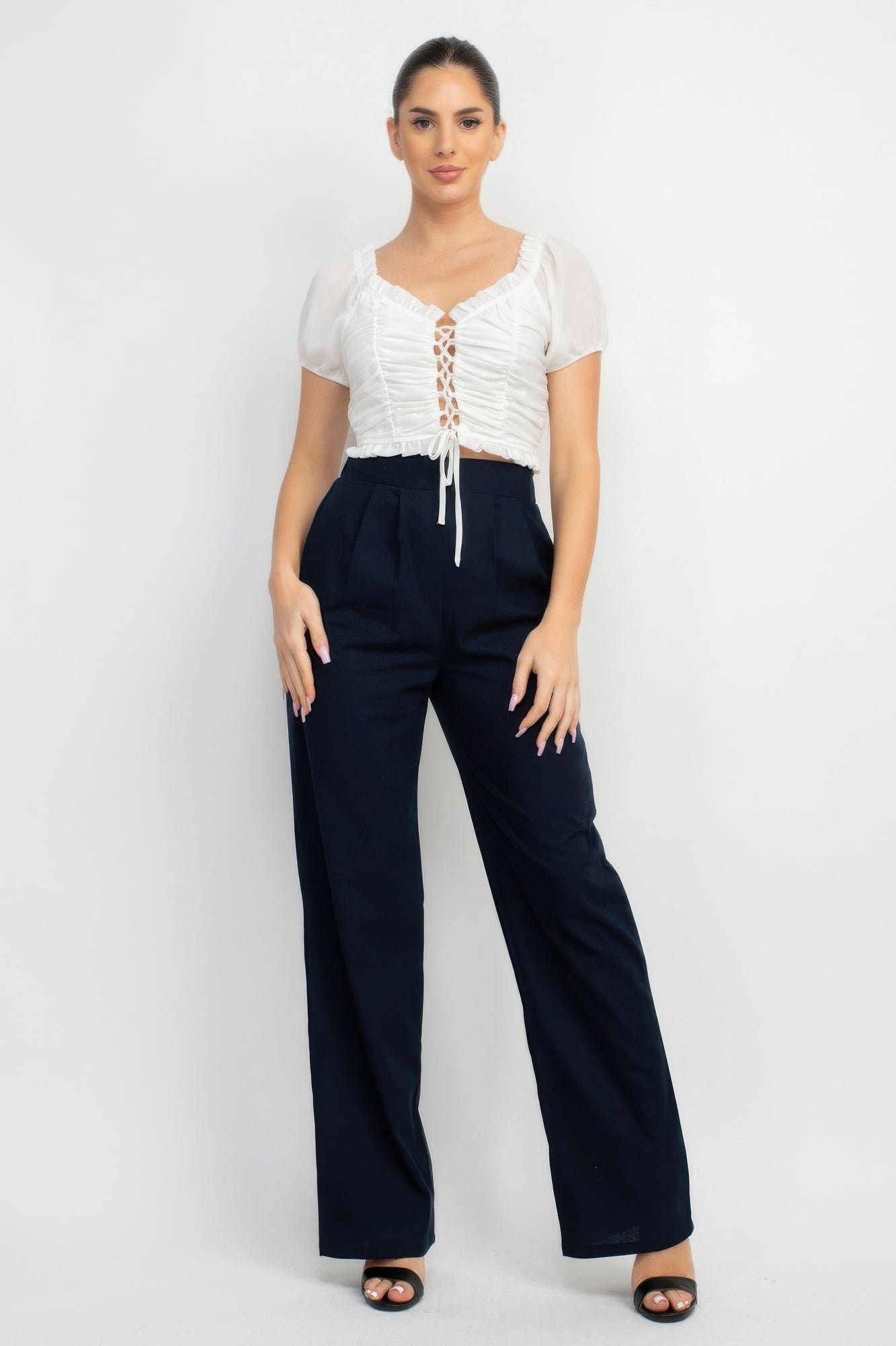 Back Shirred Ruffled Lace-up Crop Top product image