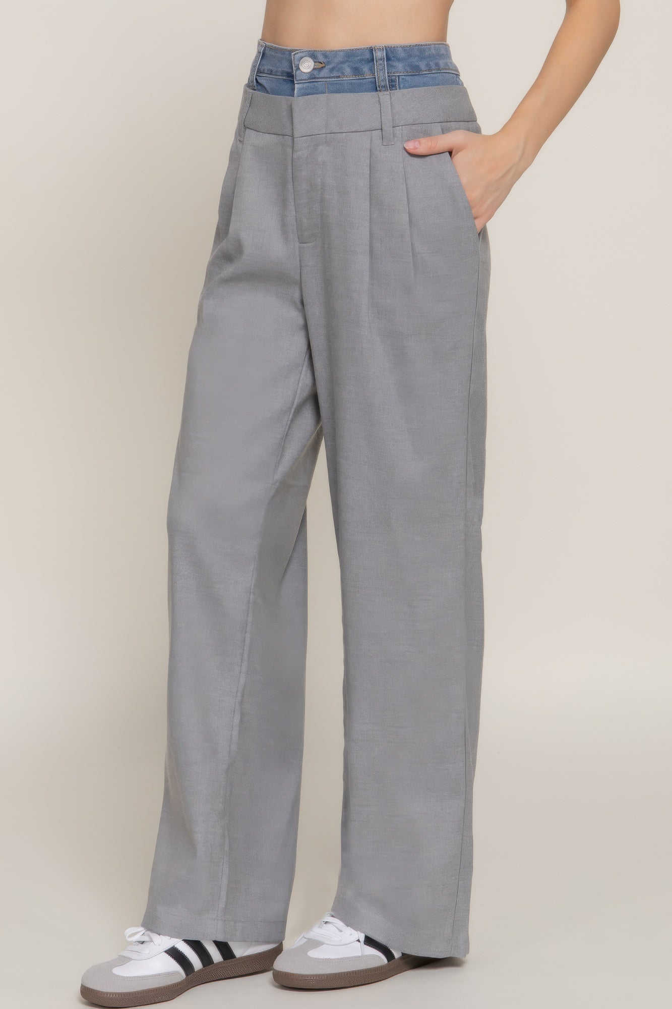 Contrast Denim Waist Straight Long Pants product image