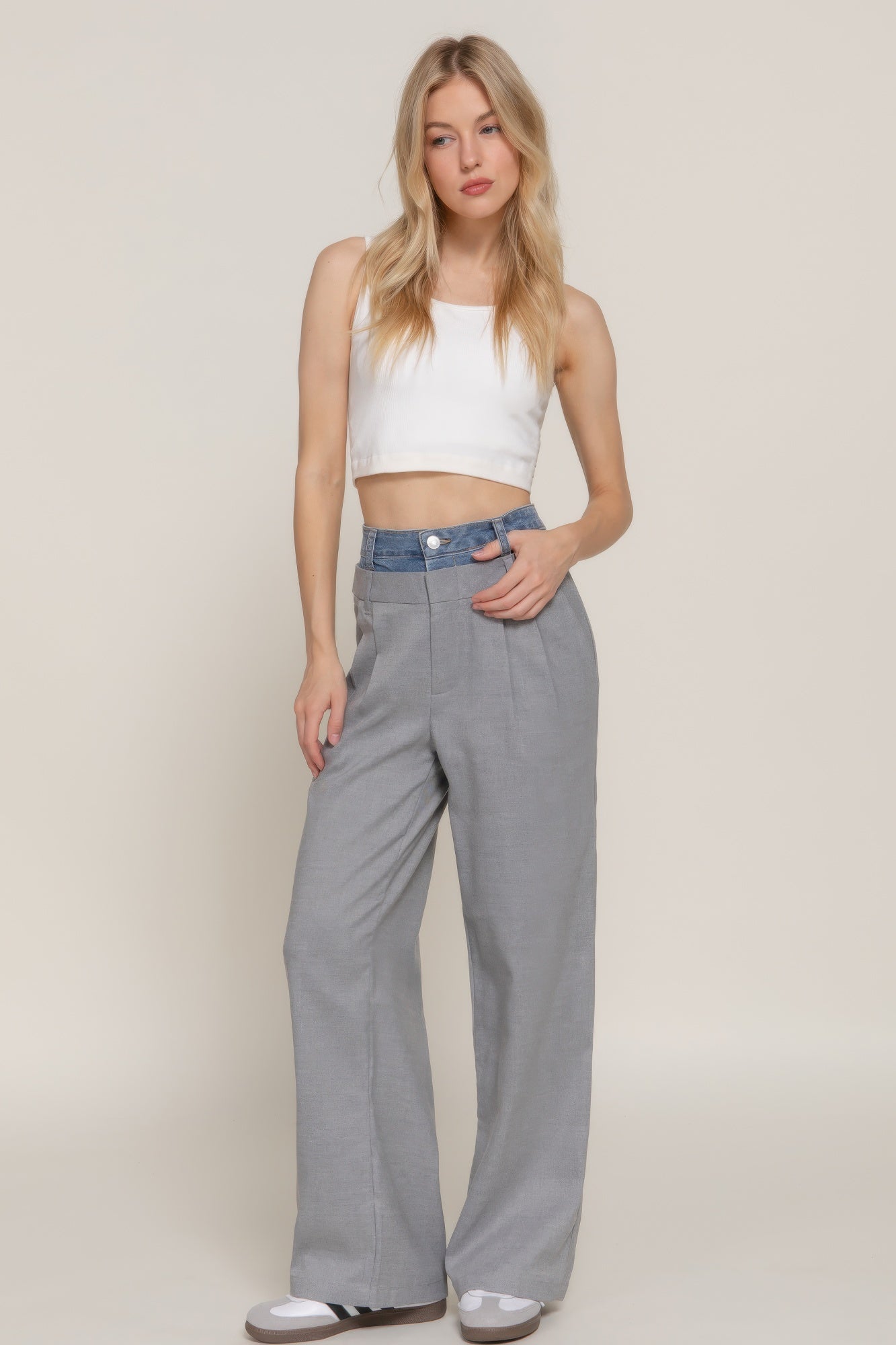 Contrast Denim Waist Straight Long Pants product image