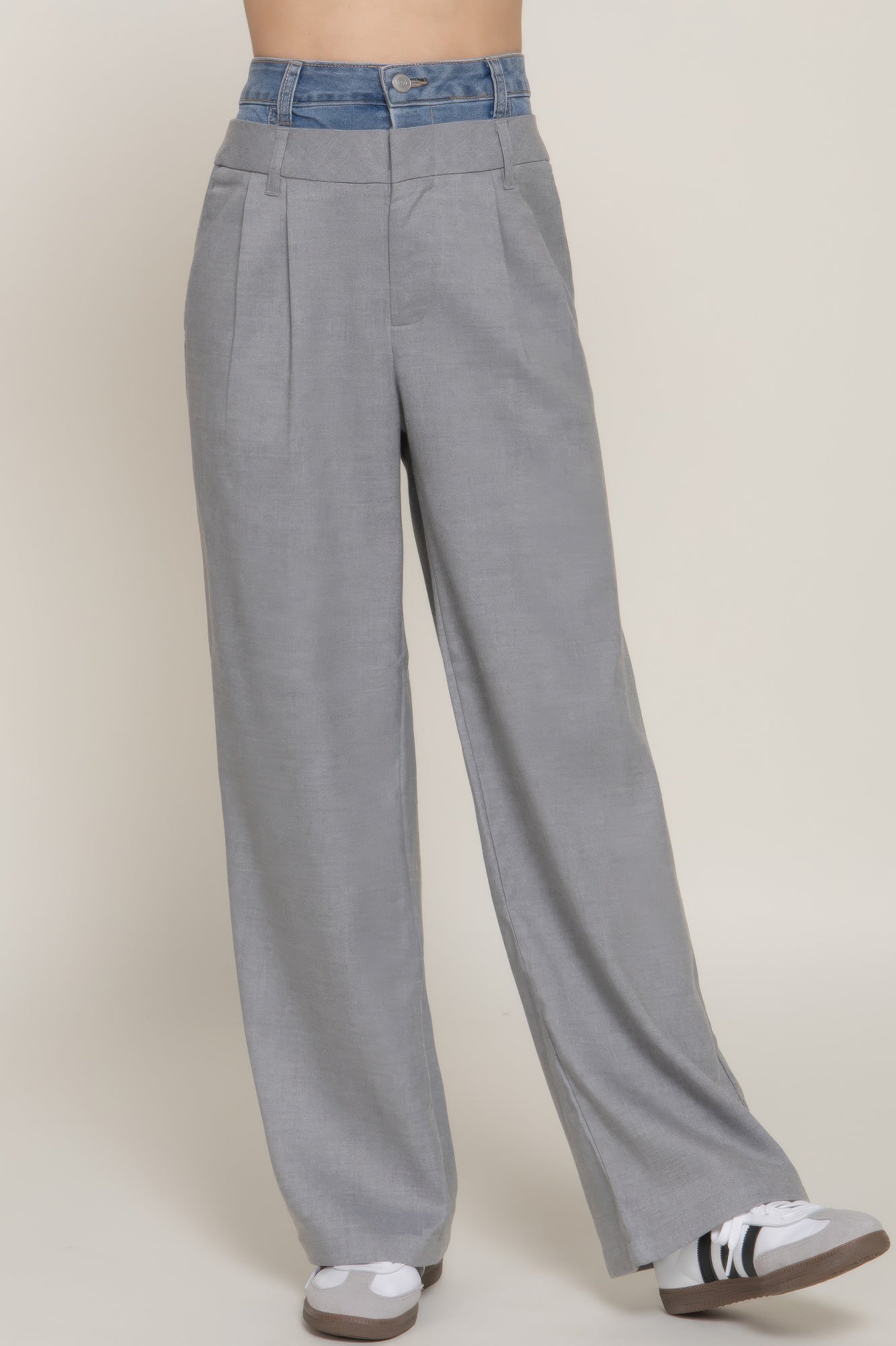 Contrast Denim Waist Straight Long Pants product image