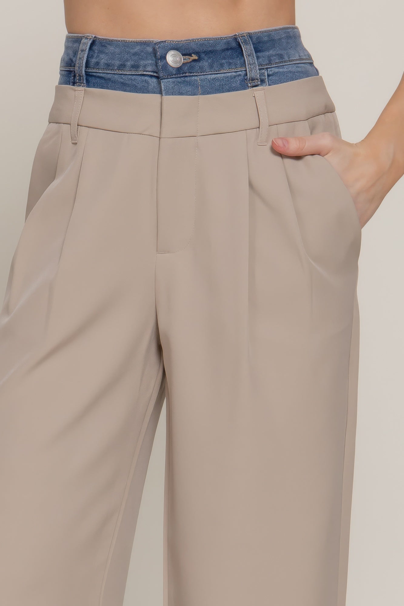 Contrast Denim Waist Straight Long Pants product image