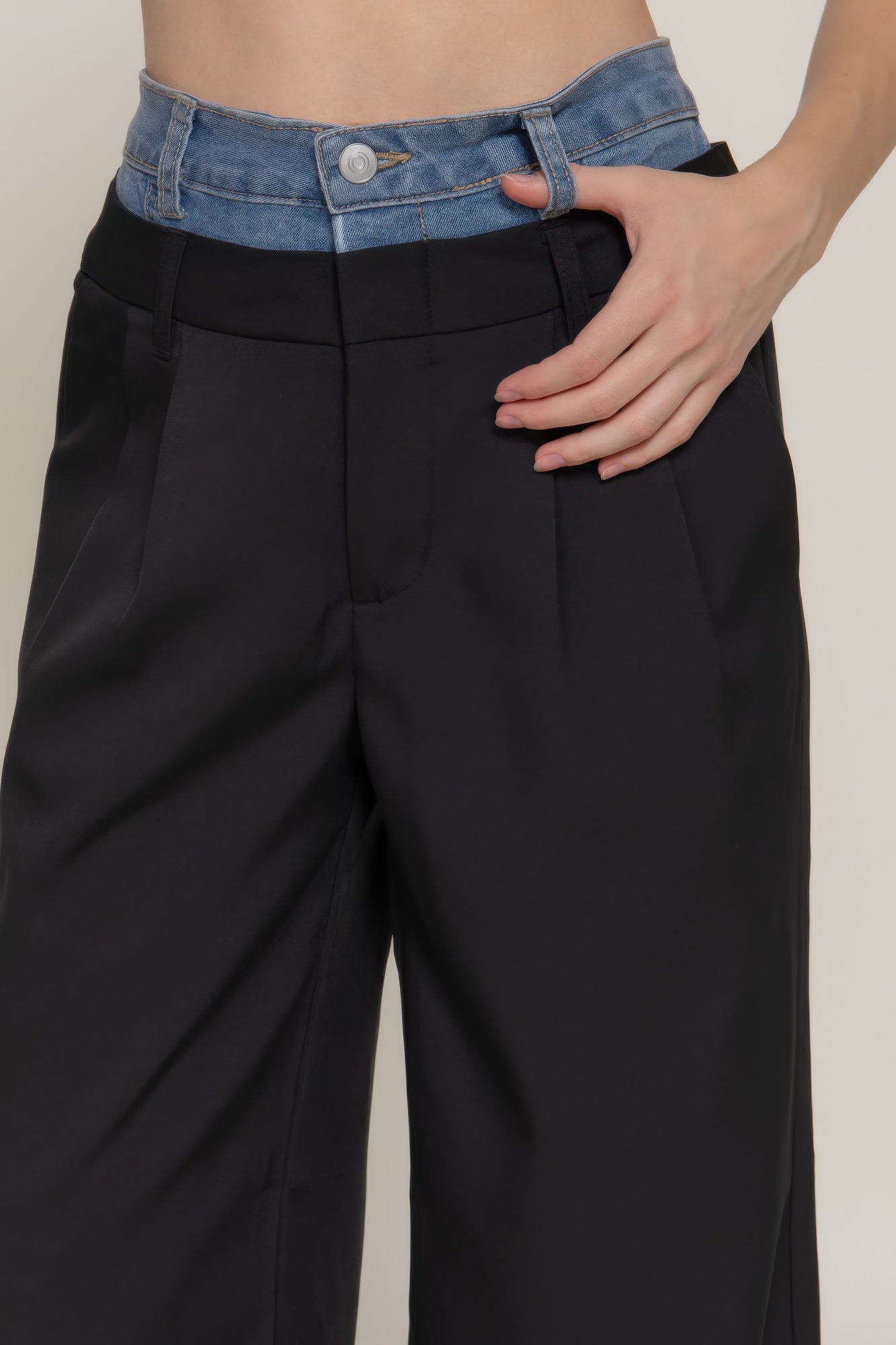 Contrast Denim Waist Straight Long Pants product image