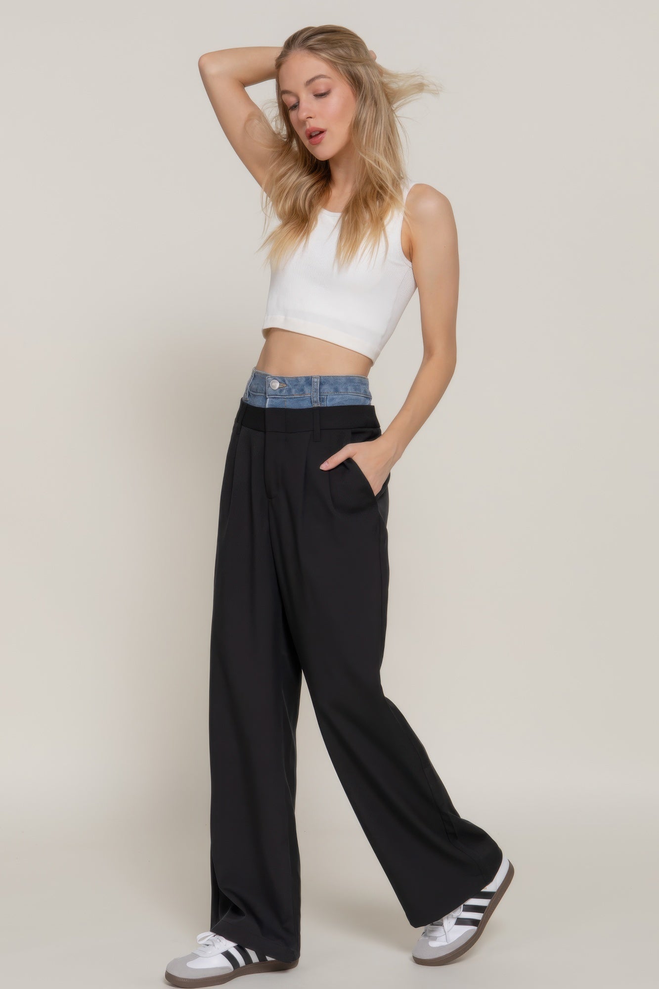 Contrast Denim Waist Straight Long Pants product image