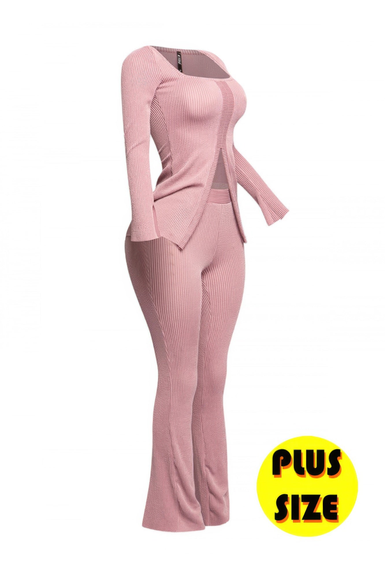 Plus Size Ribbed Pant Set With Slit Detail product image