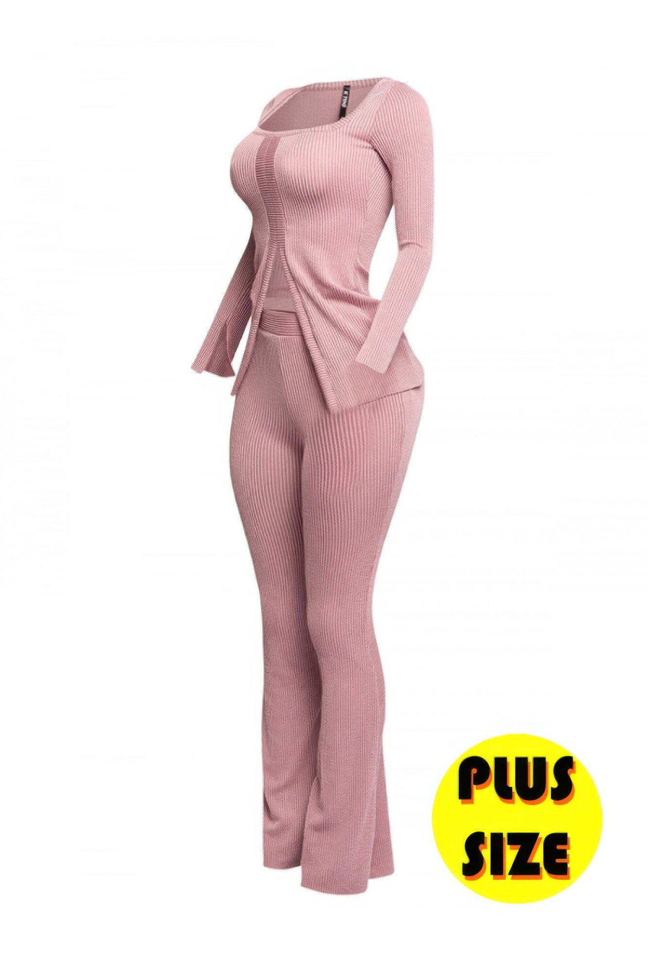 Plus Size Ribbed Pant Set With Slit Detail product image