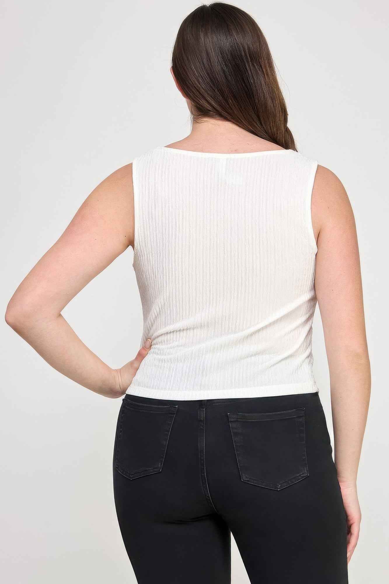 Plus Sleeveless Crinkle Knit Faux Button Down Top Plus Sleeveless Crinkle Knit Faux Button Down Top