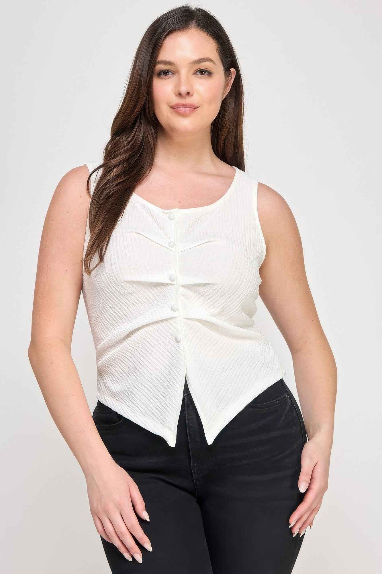 Plus Sleeveless Crinkle Knit Faux Button Down Top Plus Sleeveless Crinkle Knit Faux Button Down Top
