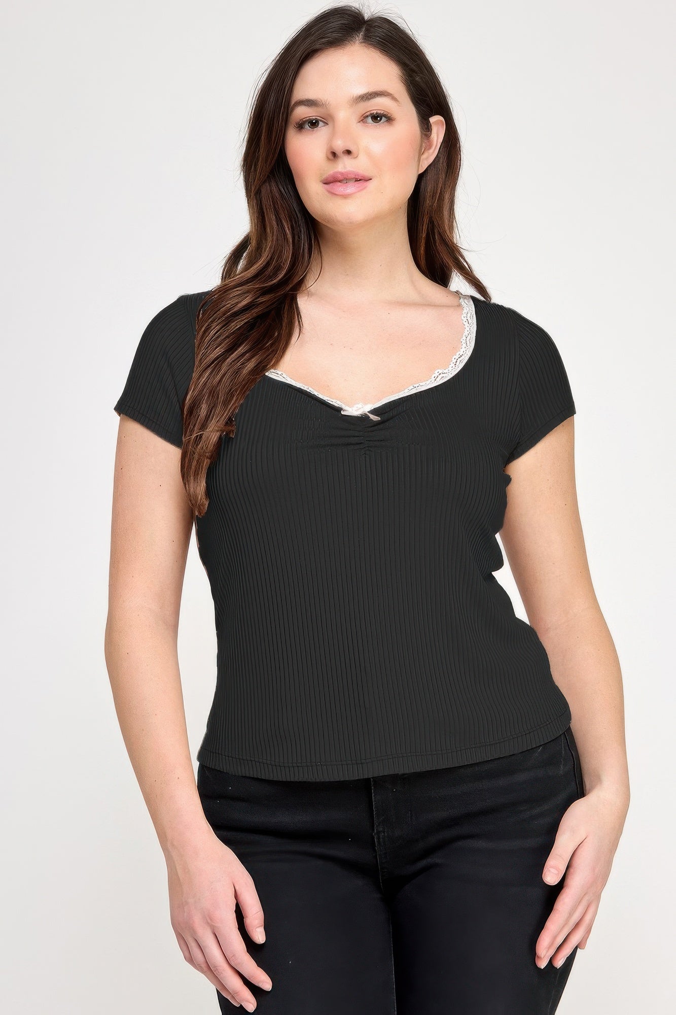 Plus Size Short Sleeve Rib Bow Trim Top product image